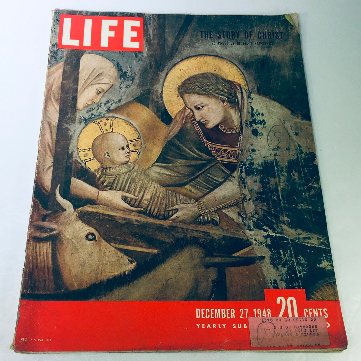 Cover of VTG Life Magazine December 27 1948 featuring 'The Story of Christ' and paintings by Giotto, showcasing a religious scene with a cow and figures gazing at the newborn Christ.