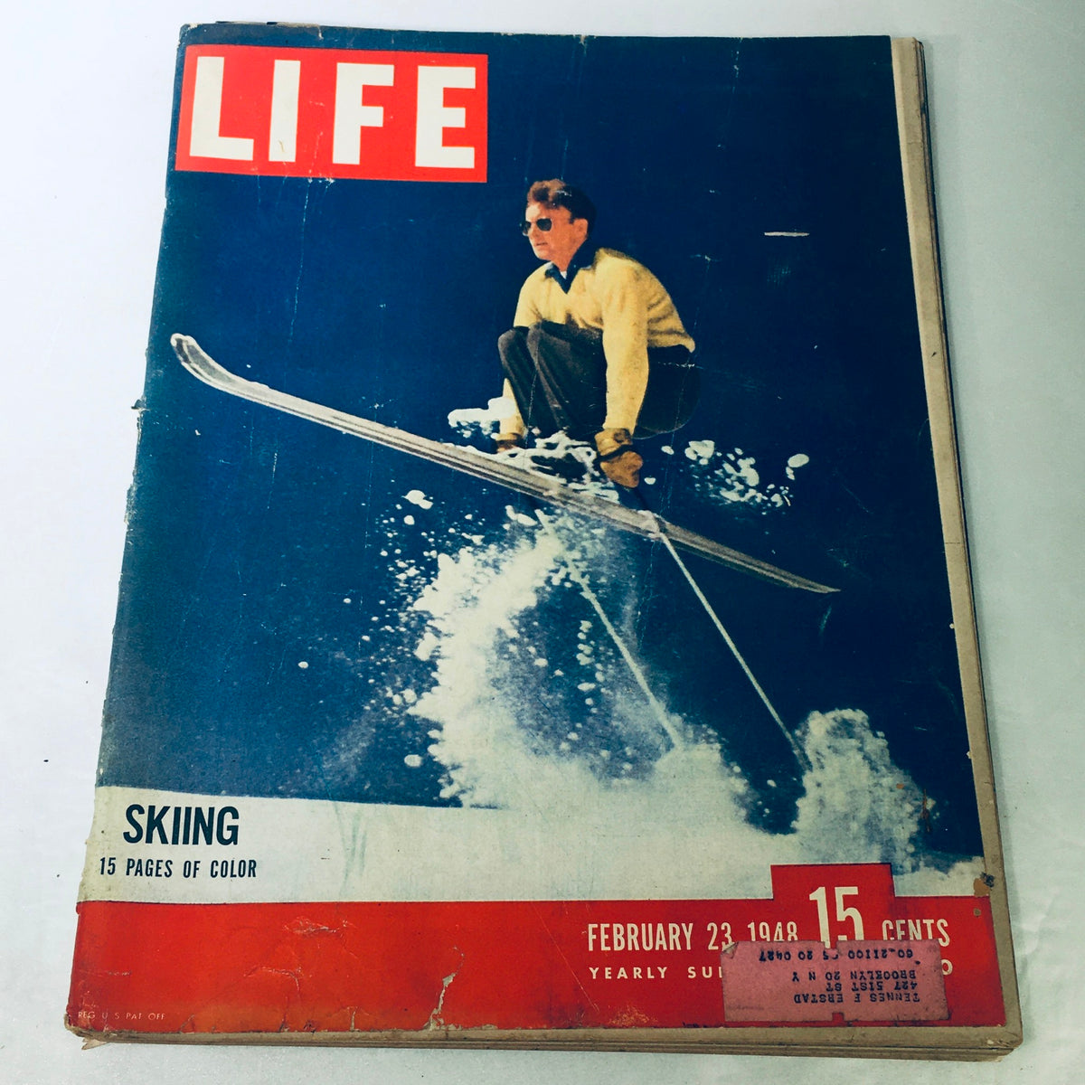 Cover of VTG Life Magazine February 23 1948 featuring skiing at Mount Hood, depicting a skier in action against a blue background with the magazine title prominently displayed.
