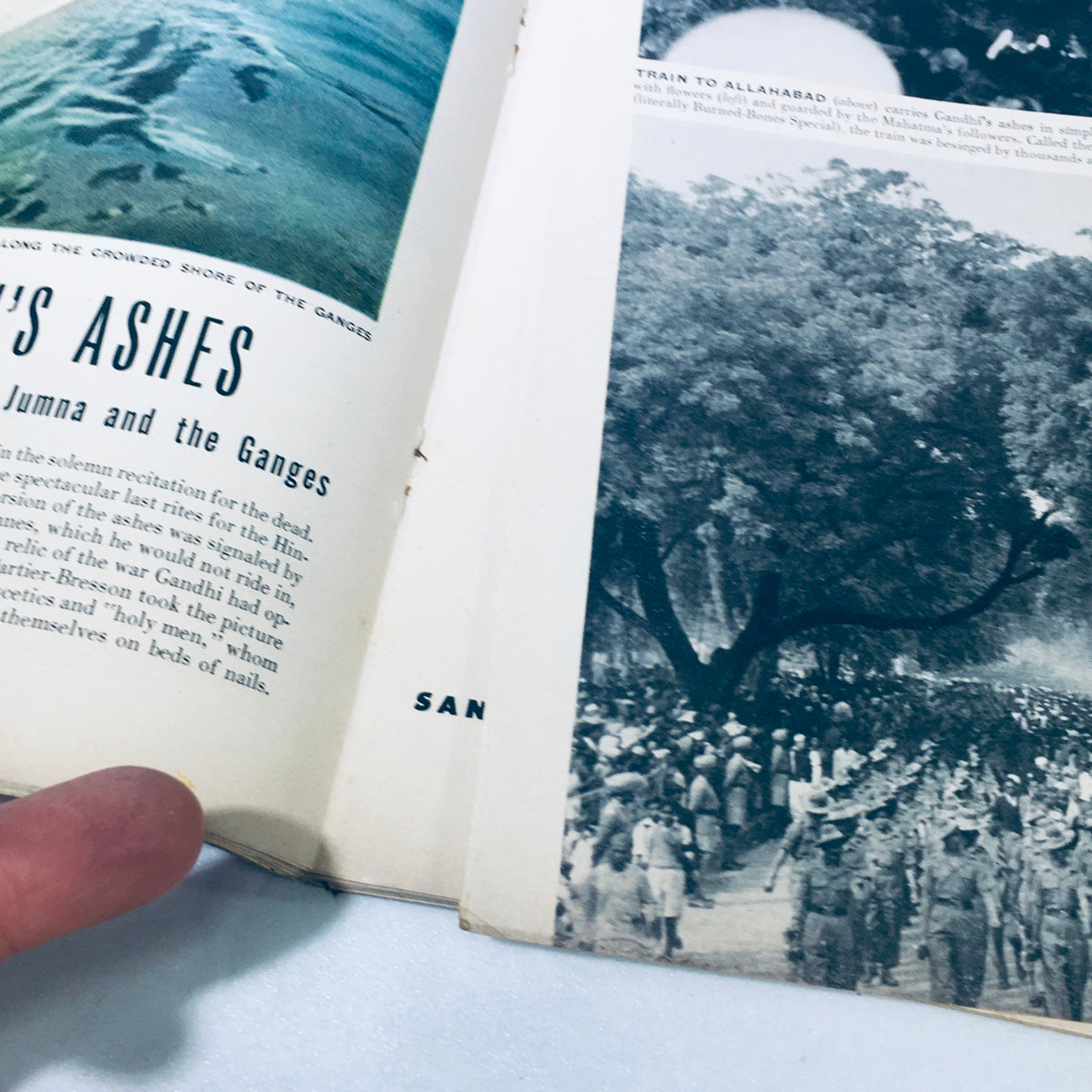 Inside view of the vintage Life Magazine March 15, 1948 featuring an article about Gandhi's ashes with accompanying photographs and text.