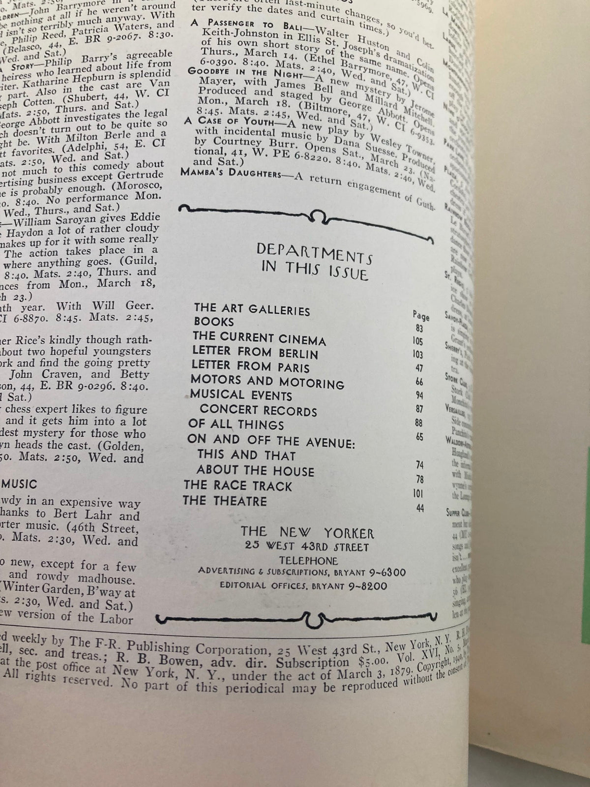 Interior page from The New Yorker Magazine March 16 1940, listing departments and articles featured in this edition, reflecting the magazine's layout and content diversity.