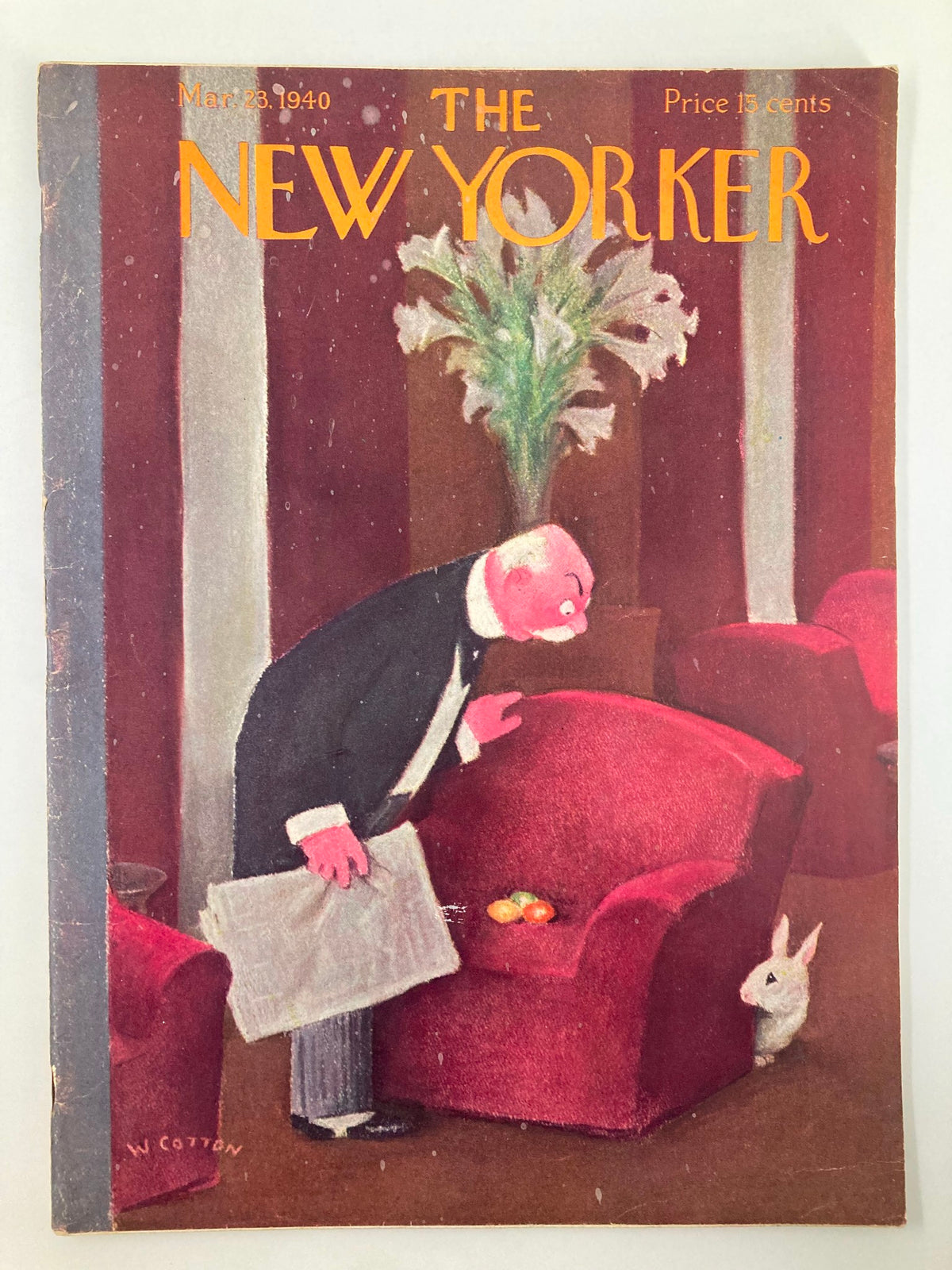The New Yorker Magazine March 23 1940 cover featuring a whimsical illustration by William Cotton depicting a man bowing to an Easter bunny and colorful eggs, set in a cozy interior.