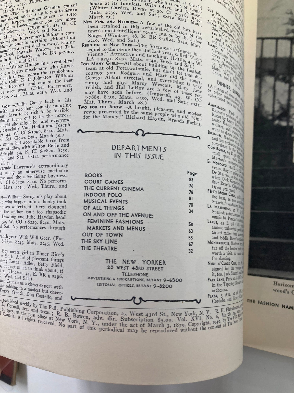 The New Yorker Magazine March 23 1940 interior page showcasing the table of contents with various articles and departments, reflecting the magazine's literary and cultural offerings of the time.