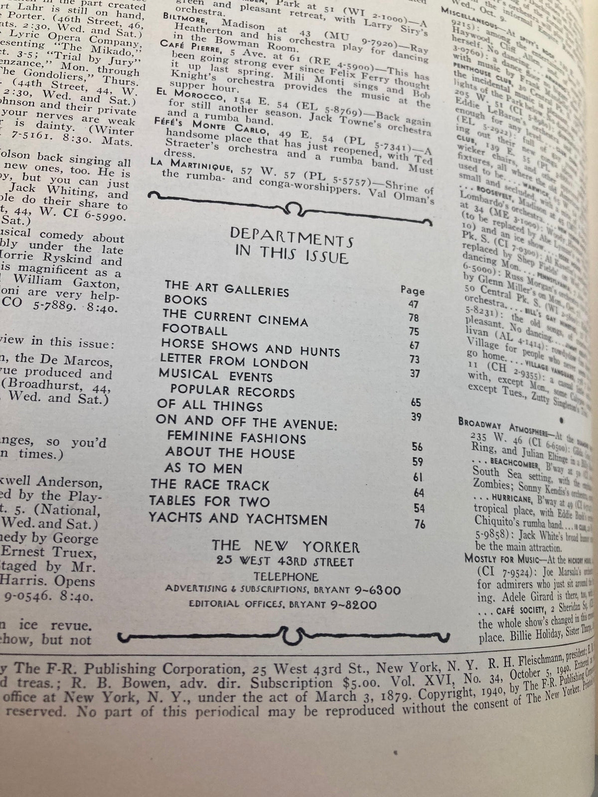 The New Yorker Magazine October 5, 1940 Employment Agency - An interior page showcasing the magazine's departments including art galleries, current cinema, and more, illustrating the cultural landscape of the era.