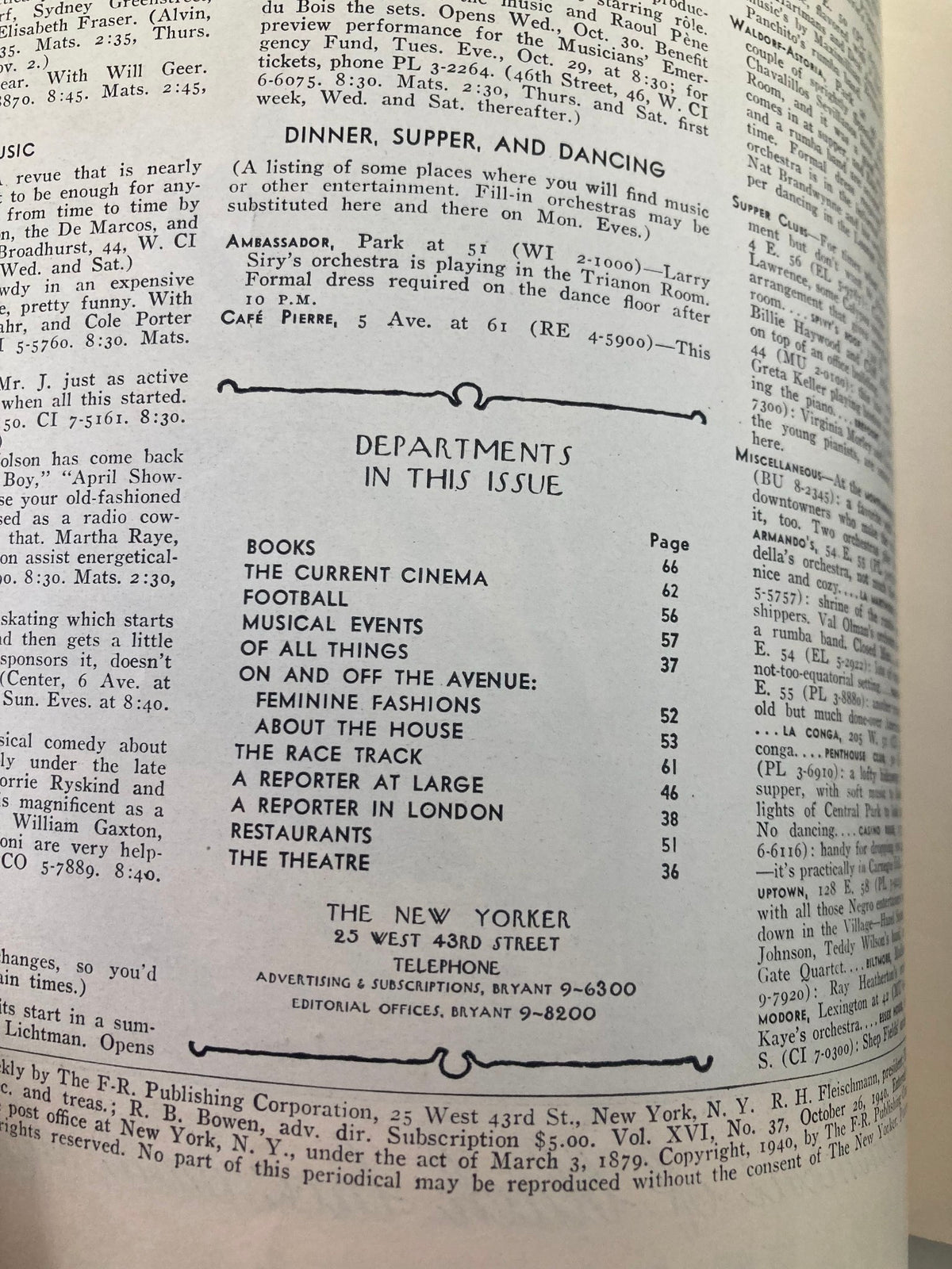 Contents page of The New Yorker Magazine from October 26, 1940, listing articles and features in this issue, including departments like books and the theatre.