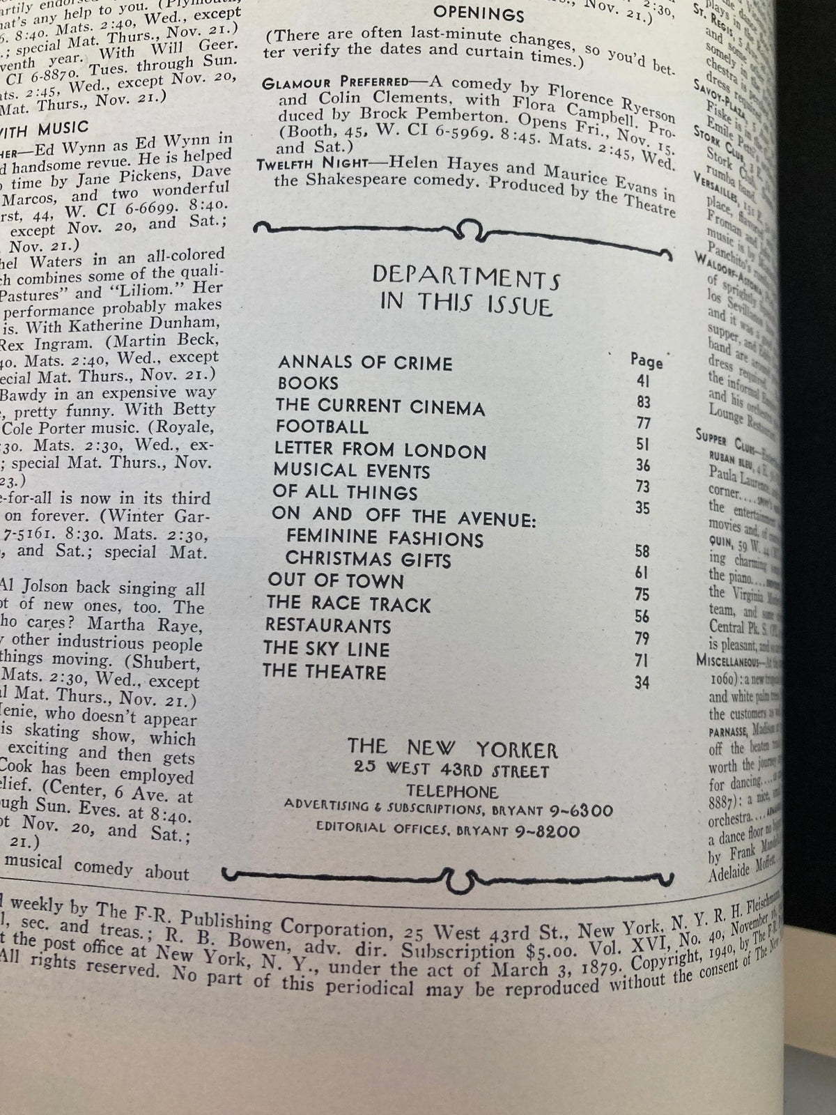 Interior page of The New Yorker Magazine from November 16, 1940, featuring sections and departments, including Football, The Current Cinema, and Musical Events, alongside the publication's details.