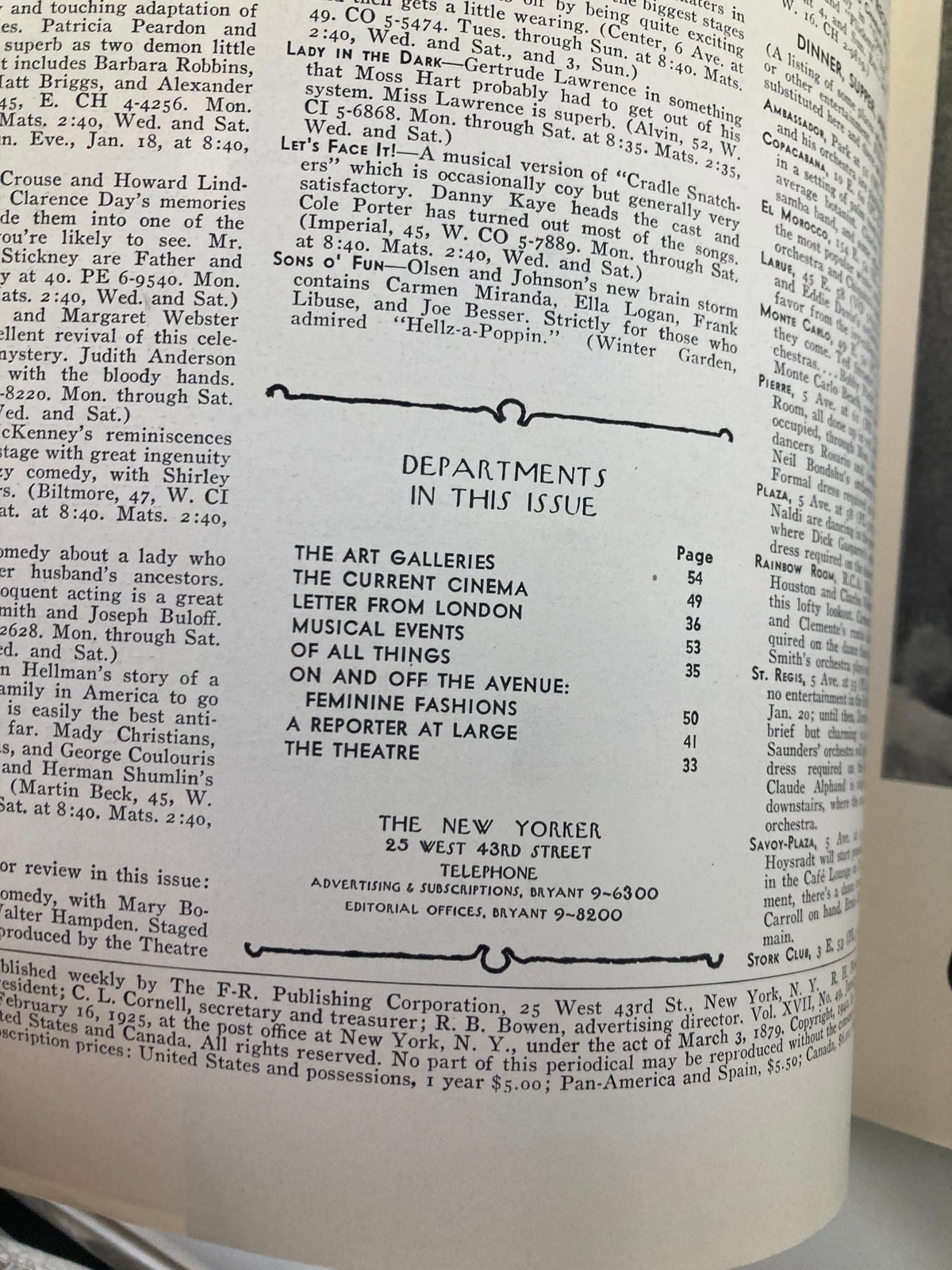 Interior page of The New Yorker Magazine January 17, 1942, displaying the table of contents with various departments and articles of interest.