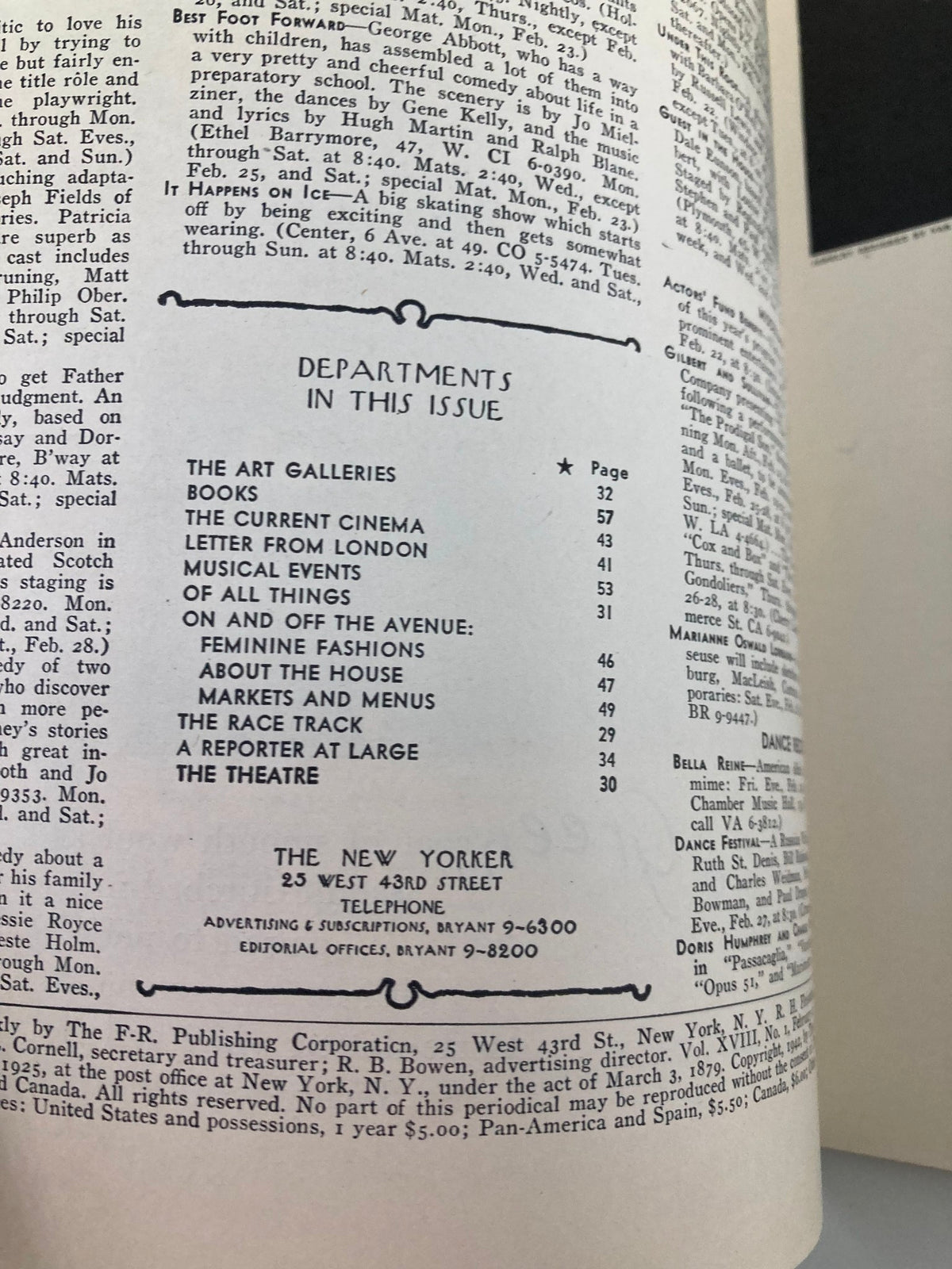 Interior page from The New Yorker Magazine February 21, 1942, detailing the magazine's departments such as art galleries, books, and theater listings.