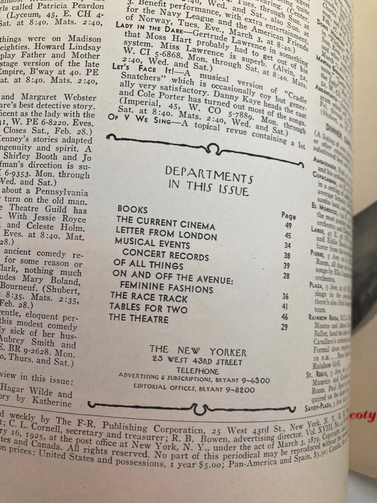 Interior page of The New Yorker Magazine February 28, 1942, displaying the table of contents and department listings for articles and features included in that issue.