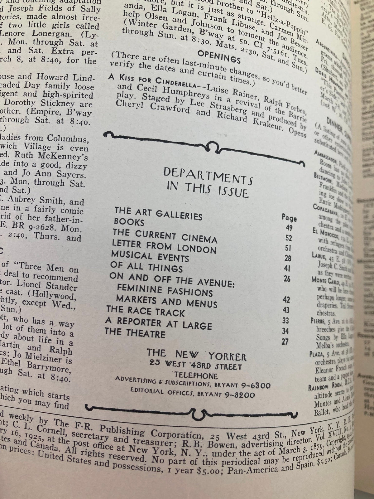 An interior page of The New Yorker Magazine March 7 1942, listing various departments and articles including 'Feminine Fashions' and 'A Reporter at Large.'