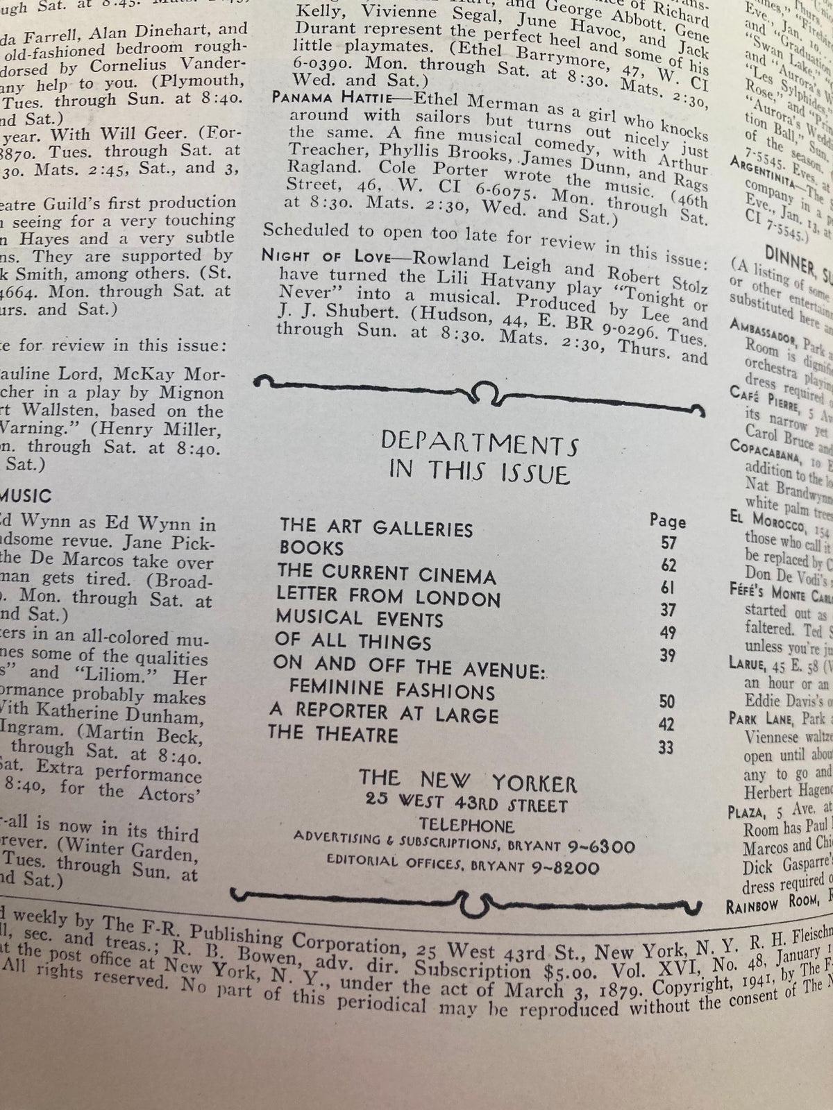 The New Yorker Magazine January 11, 1941 interior page displaying the table of contents, listing articles and features in this vintage issue.