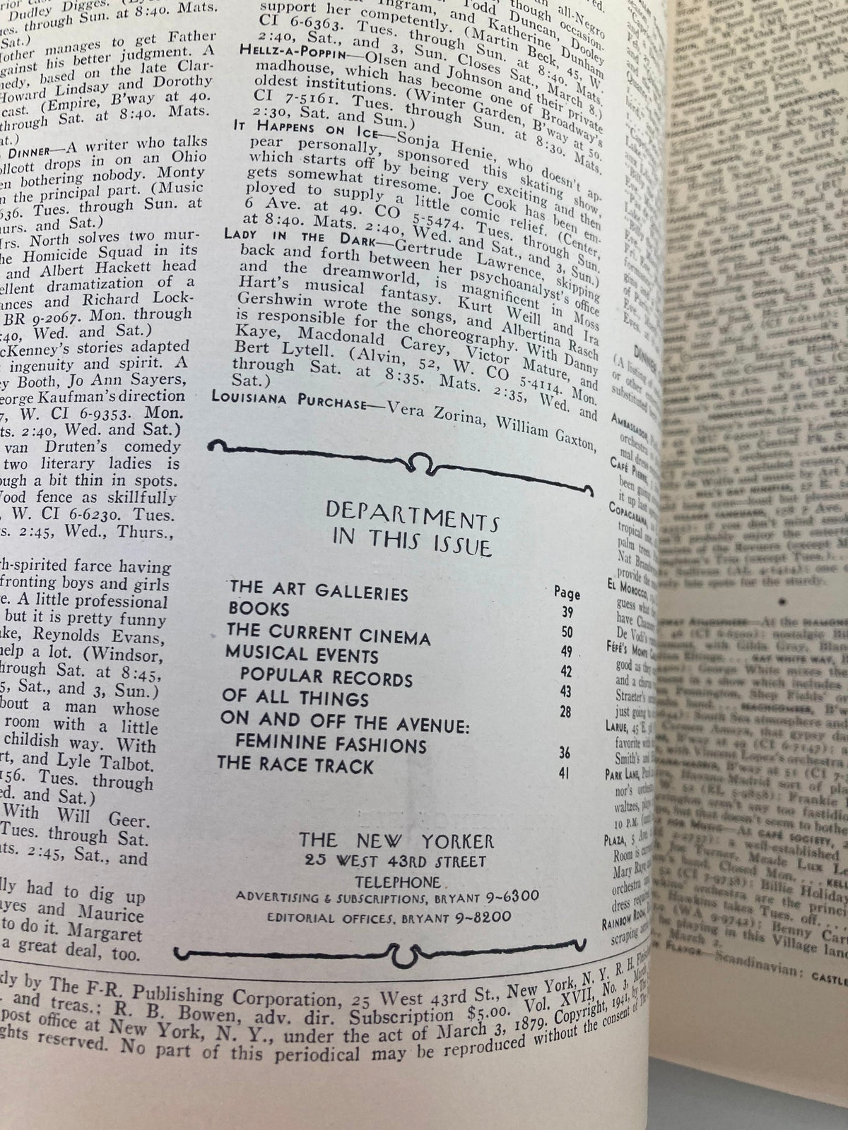 Interior view of The New Yorker Magazine, March 1, 1941, featuring departments listed in the issue including arts, books, and fashions. Emphasizes the magazine's historical context and cultural significance.