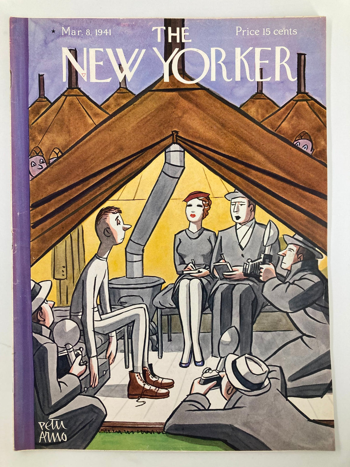 Cover of The New Yorker Magazine from March 8, 1941, featuring the illustration 'Soldiers and Reporters' by Peter Arno, depicting a scene with a soldier and reporters in a military tent.