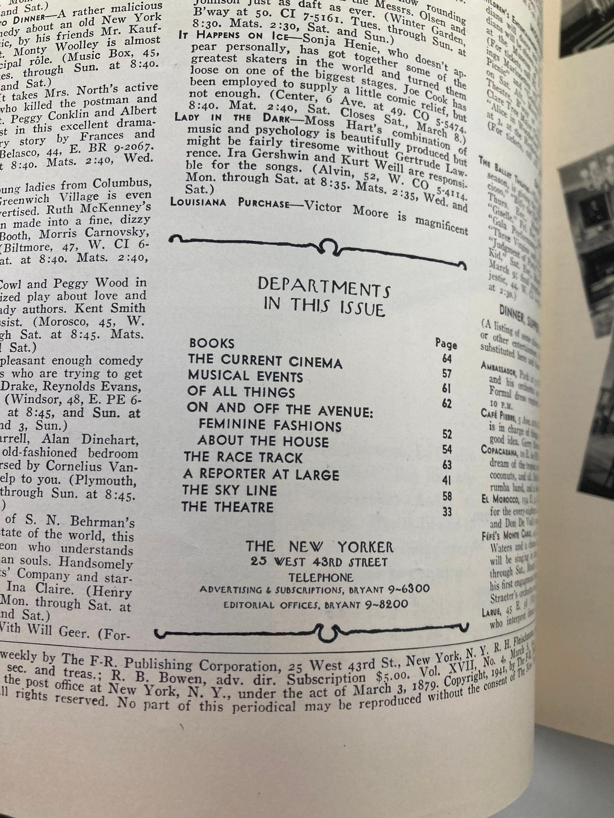 Interior page of The New Yorker Magazine March 8 1941, featuring the table of contents with listed departments and articles in this issue.