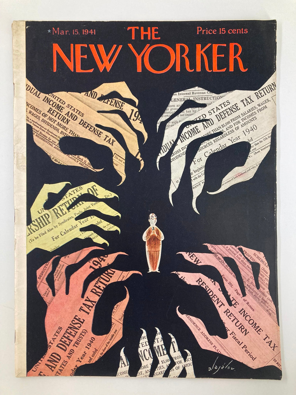 Cover of The New Yorker Magazine March 15, 1941 featuring the artwork 'Income Tax Hands' by Constantin Alajalov, showcasing hands reaching for a figure surrounded by tax forms, reflecting early 1940s cultural sentiment.