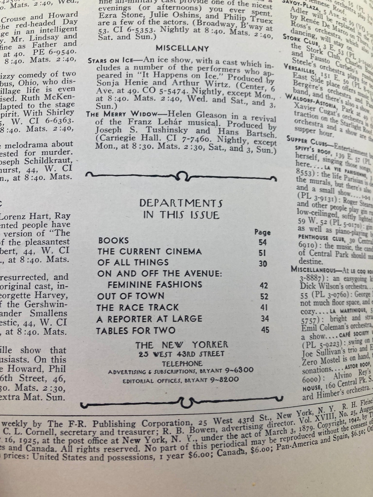 Interior page of The New Yorker Magazine from August 8, 1942 showcasing the table of contents including various articles and departments featured in that issue.