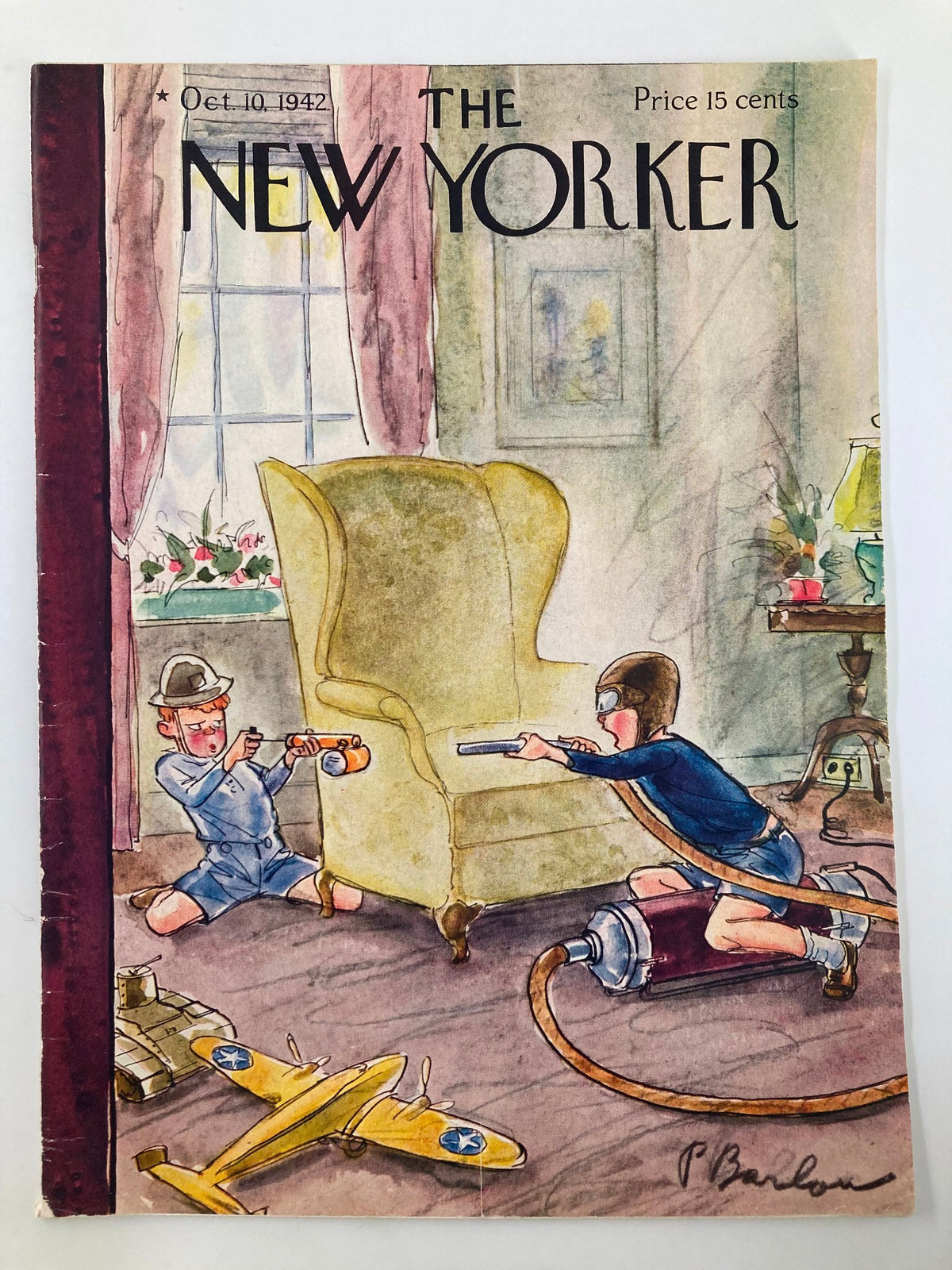 The New Yorker Magazine October 10, 1942 cover featuring a playful illustration by Perry Barlow with children engaged in imaginative play.