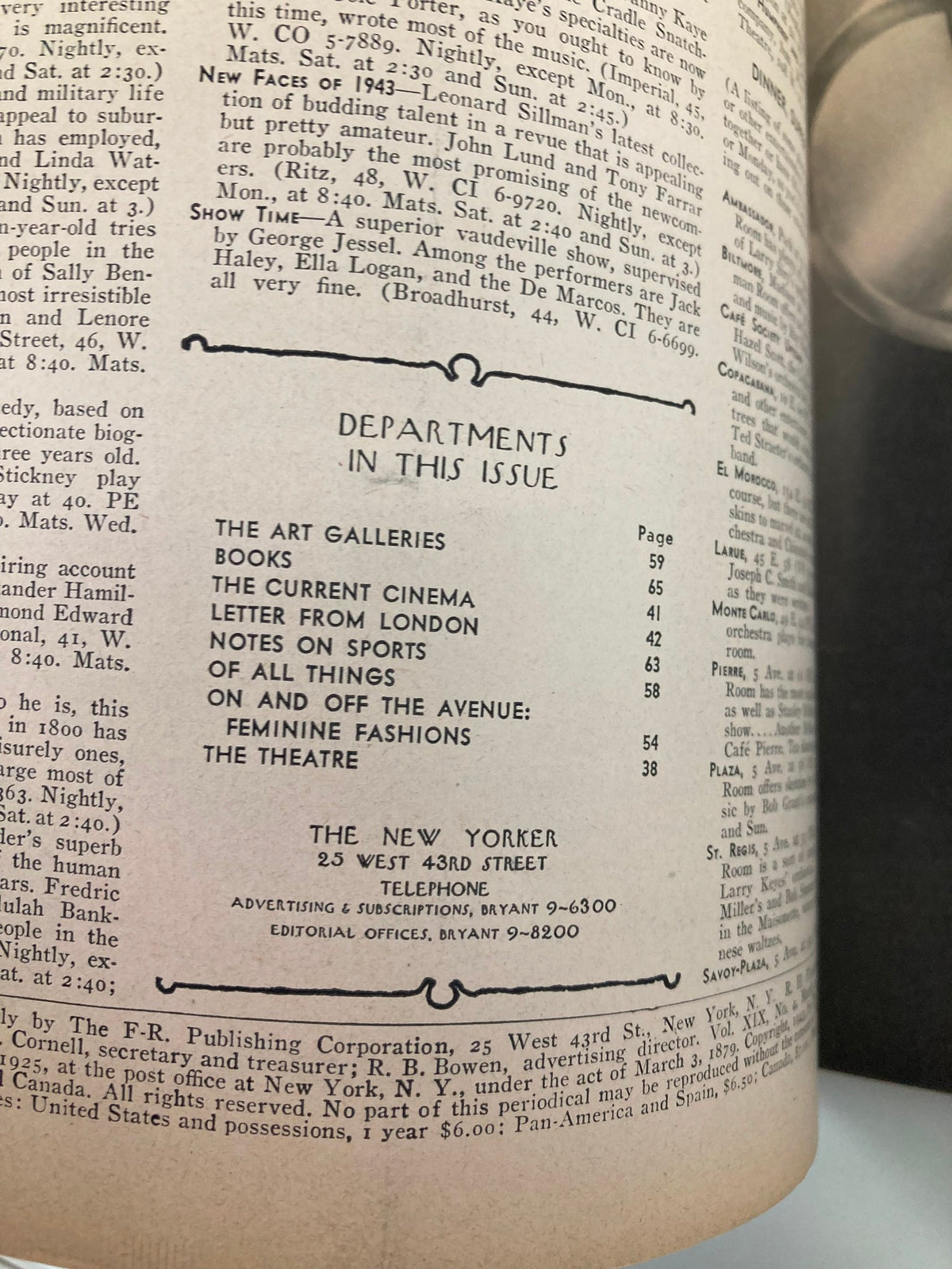 Interior page of The New Yorker Magazine March 13, 1943 displaying the table of contents, highlighting various departments in the issue, reflecting the magazine's diverse content during the 1940s.