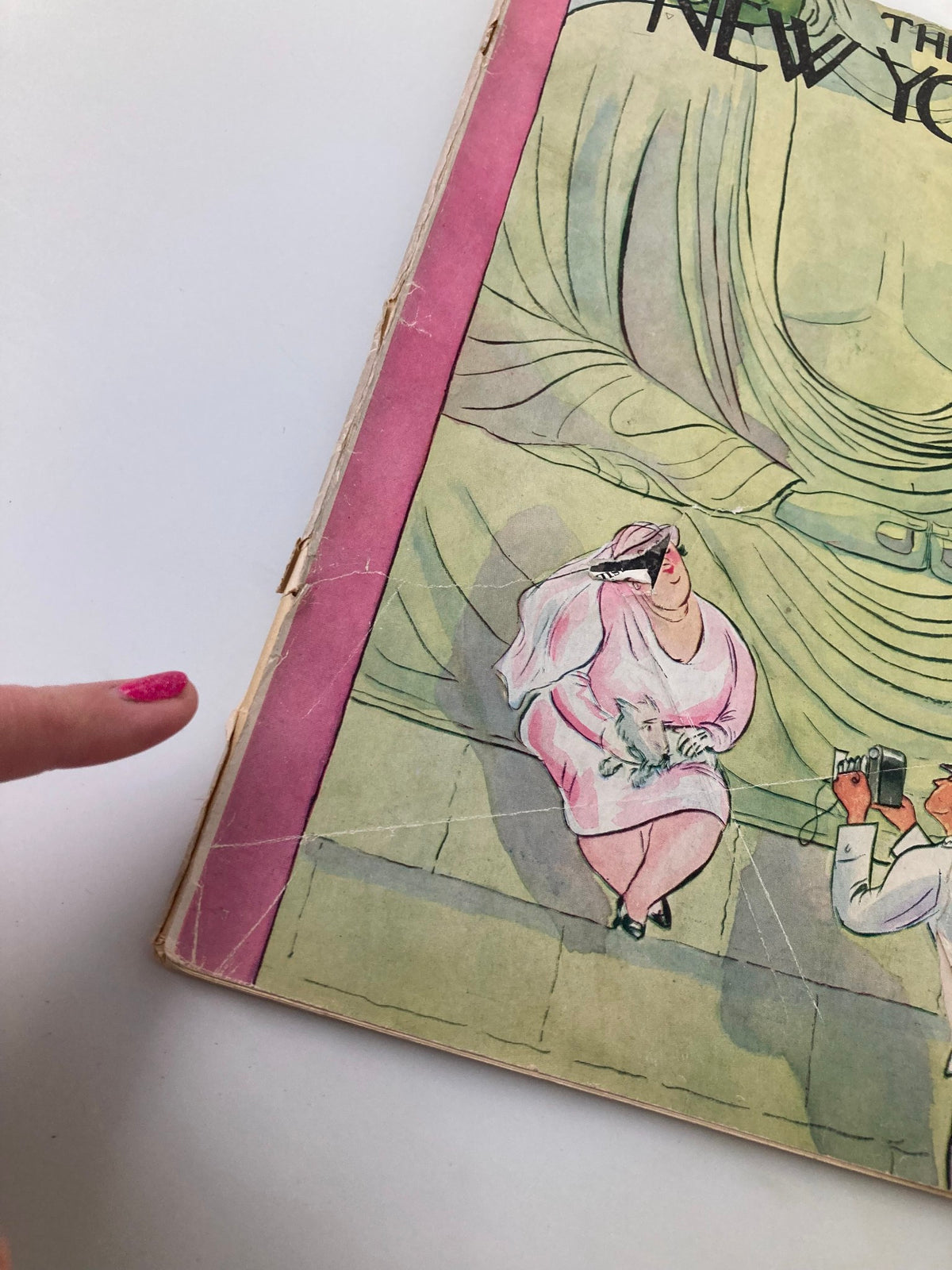 Close-up view of the October 3, 1931 cover of The New Yorker Magazine, featuring whimsical illustration by Helen Hokinson, showing a woman in pink attire. This image showcases the vintage charm and historical significance of this collectible issue.
