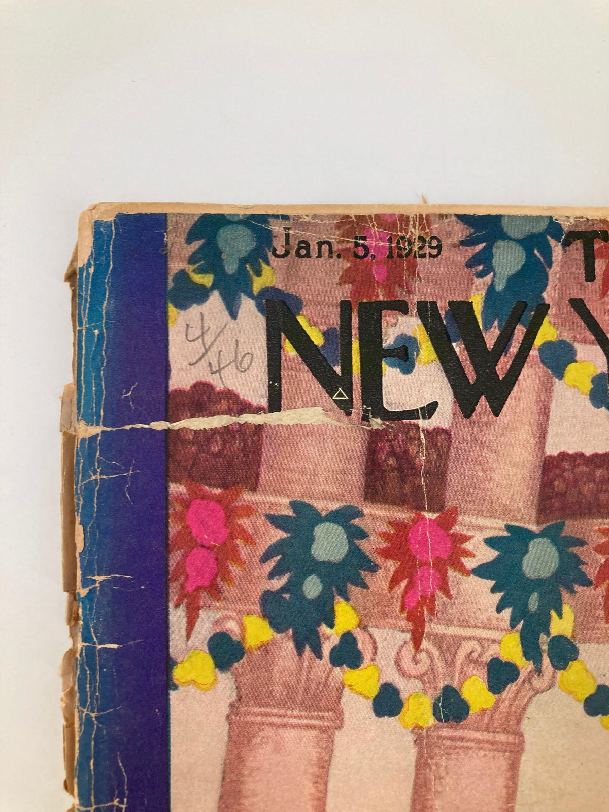 Close-up of the cover of The New Yorker Magazine from January 5, 1929, featuring colorful floral designs and decorative elements, highlighting its vintage appeal and historical significance.