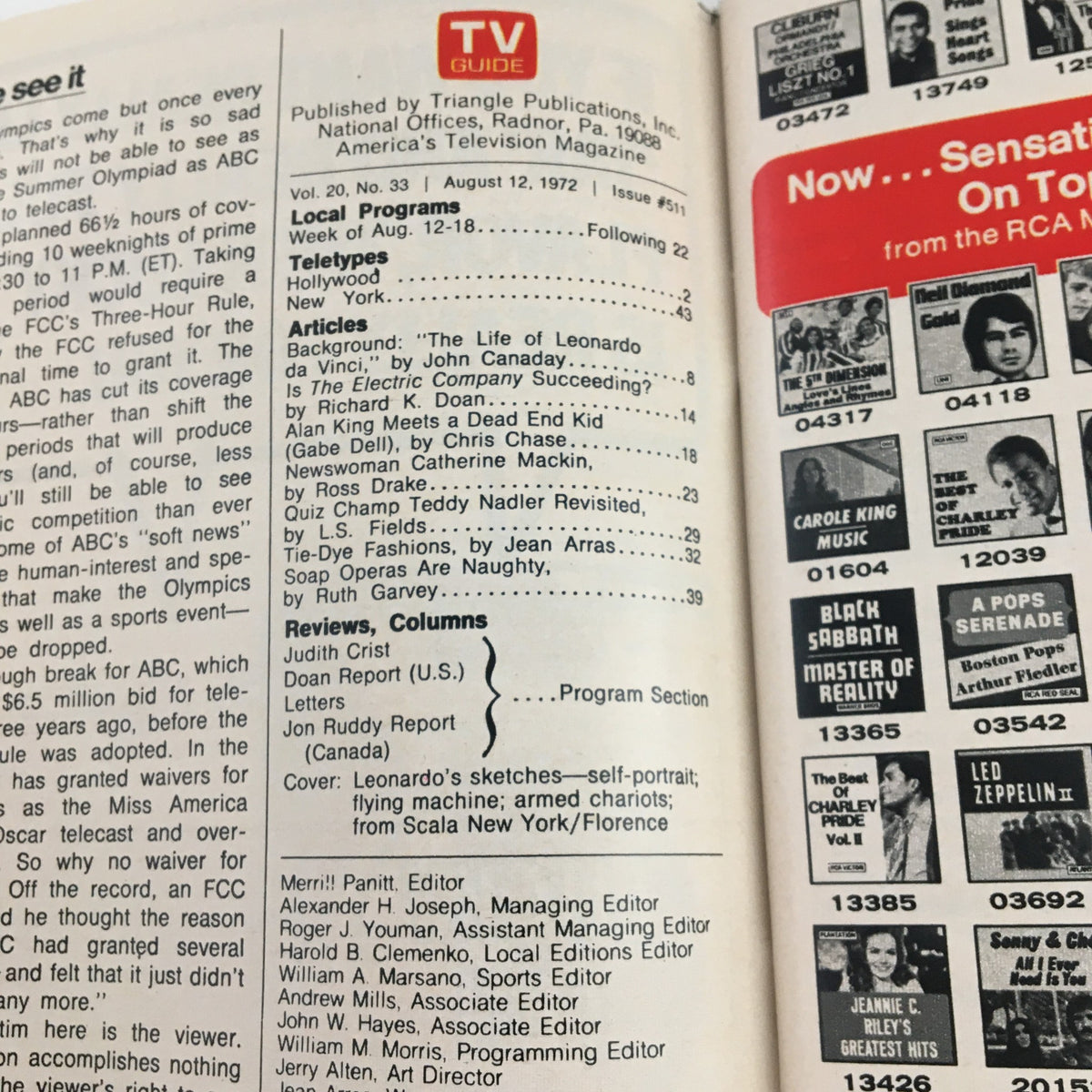 Inside page of TV Guide Magazine August 12, 1972 showcasing local television programs and articles including a feature on Leonardo da Vinci.