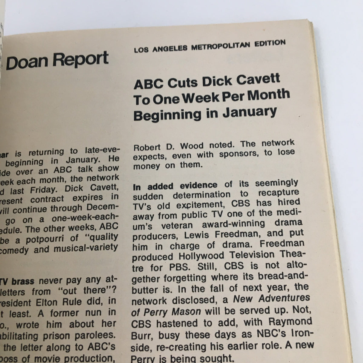Doan Report section from TV Guide Magazine August 12, 1972 discussing updates in the television industry and programming changes.