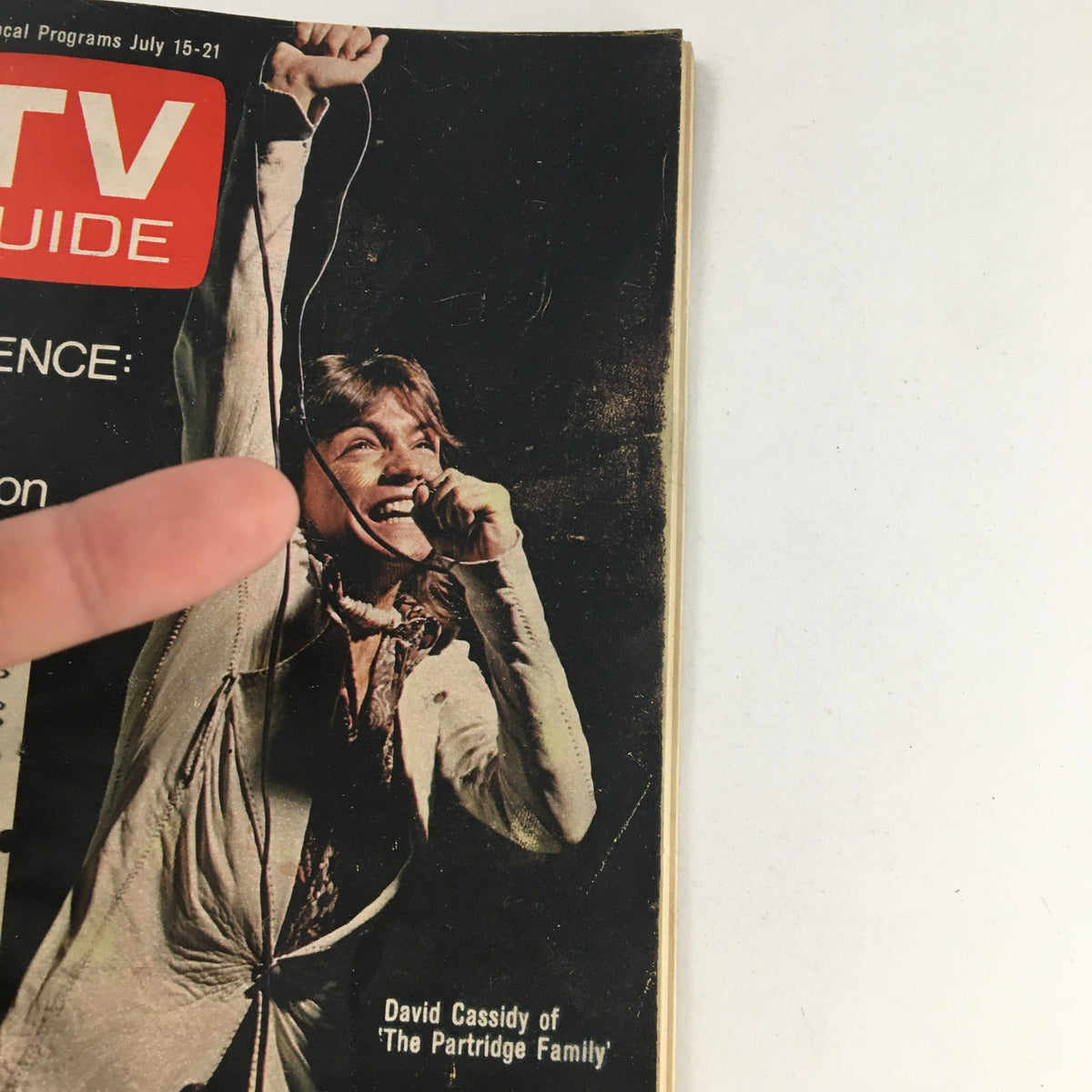 Close-up view of the cover of TV Guide Magazine July 15 1972 featuring David Cassidy, emphasizing the vintage aesthetic and magazine details.