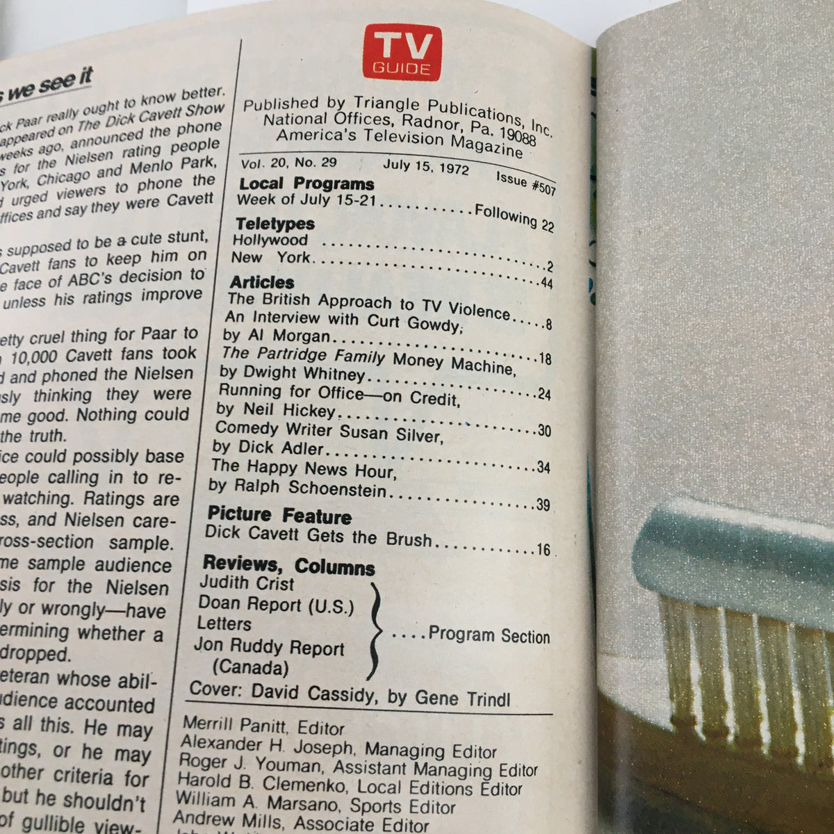 Inside page of TV Guide Magazine July 15 1972, detailing local programs and articles including The Partridge Family, reflecting the magazine's vintage layout.