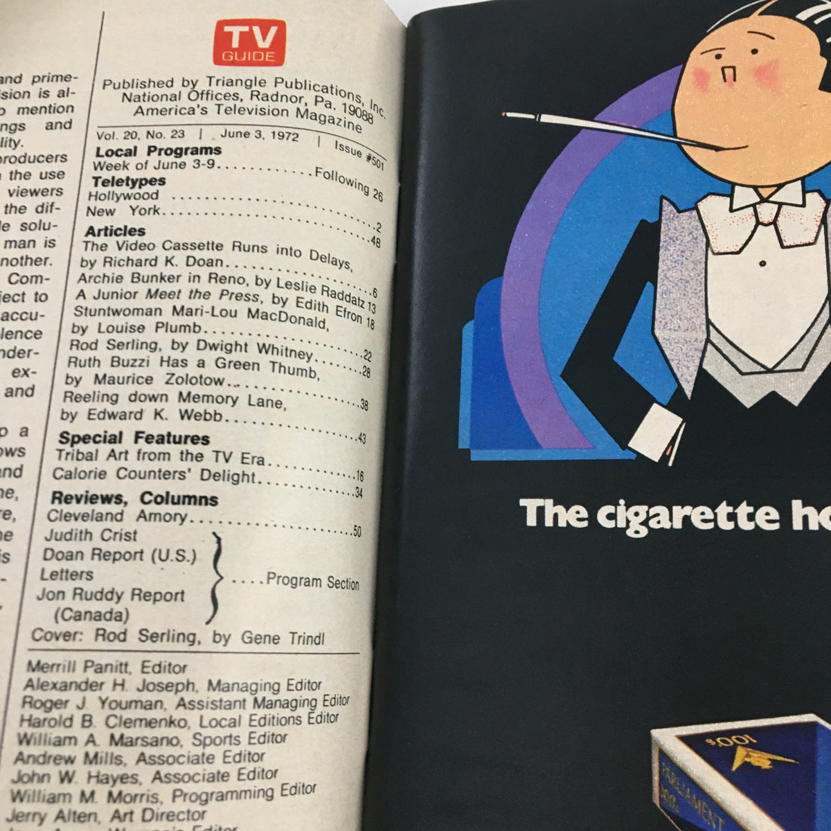Inside page of TV Guide Magazine June 3 1972 showing the table of contents with Rod Serling's special feature.