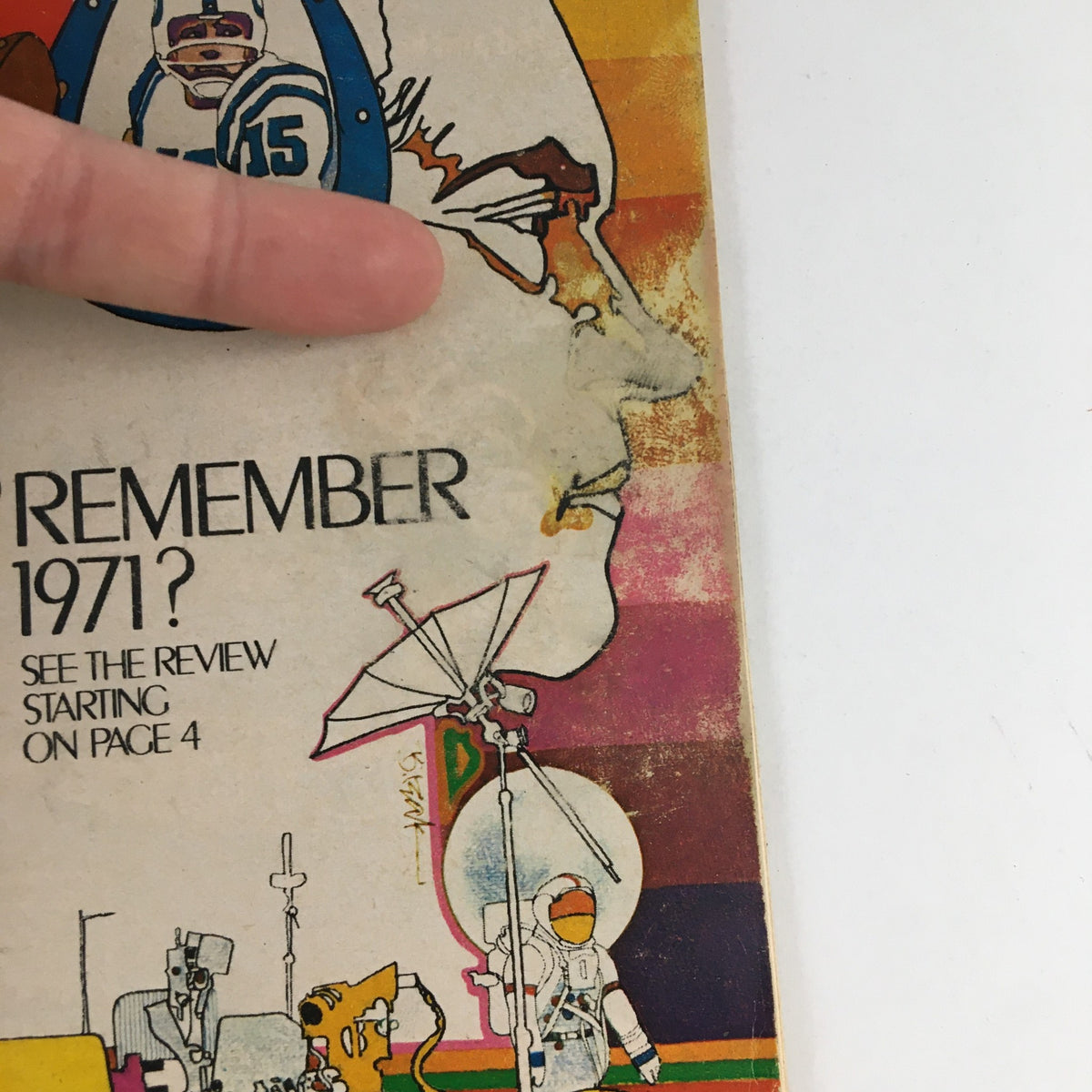 Detailed view of the TV Guide Magazine January 1, 1972 cover, highlighting the title 'Remember 1971?' with artistic elements depicting television history and nostalgia.