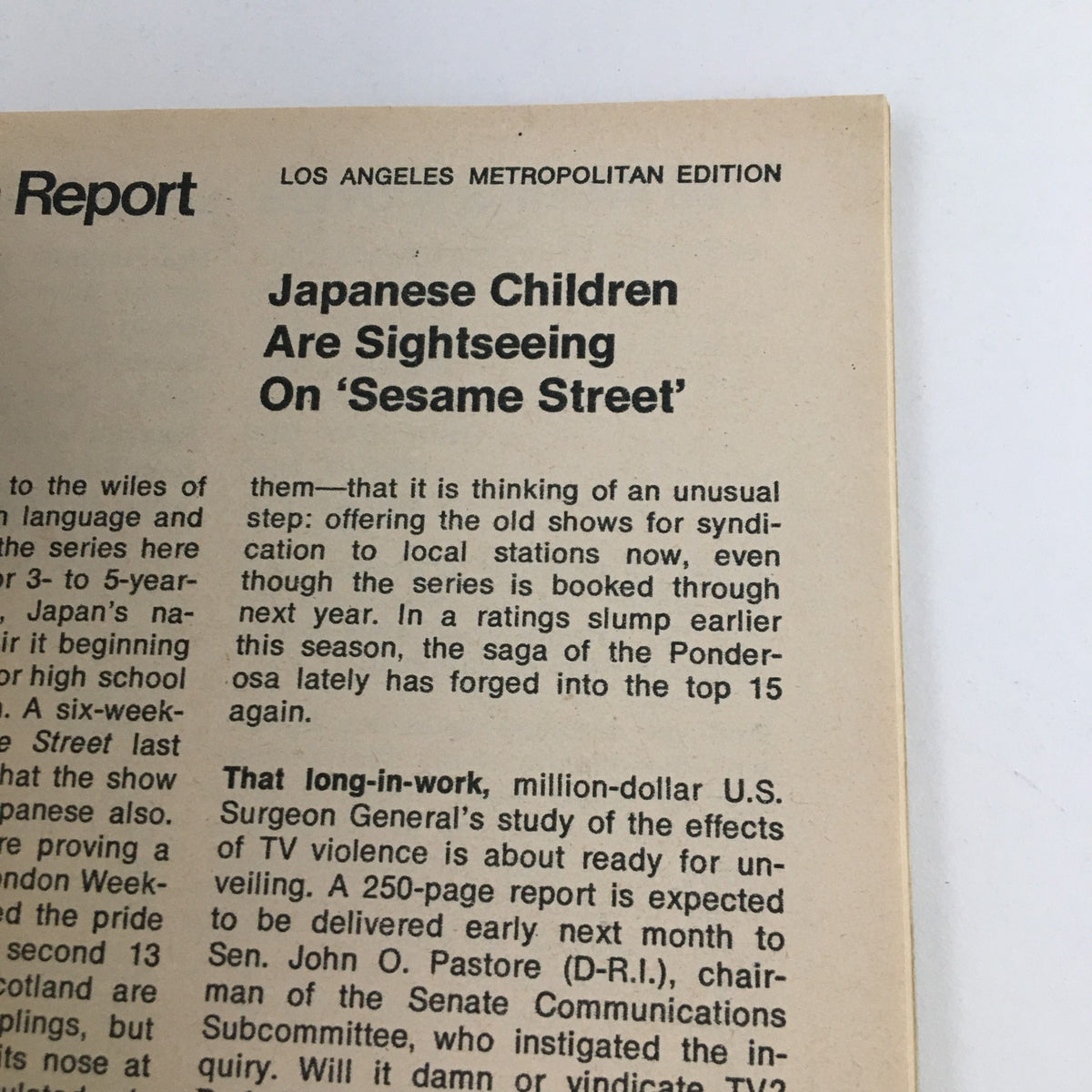 Article page from TV Guide Magazine January 1, 1972 discussing Japanese children watching 'Sesame Street', conveying cultural impacts of television in that era.