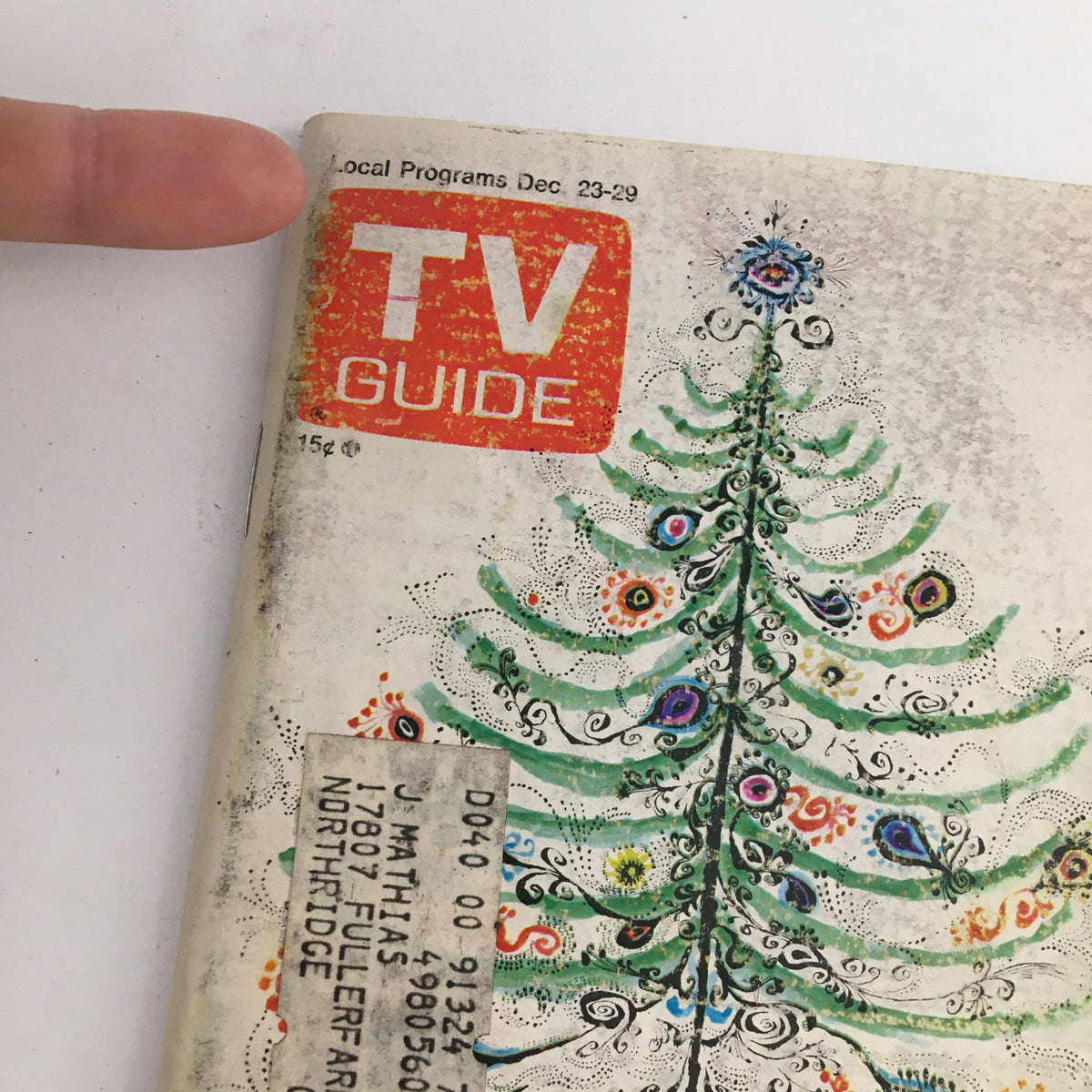 Close-up of the TV Guide Magazine December 23, 1972 cover, highlighting the title block and whimsical tree artwork, associated with the Los Angeles edition 'A Treat for Sightless Children.'