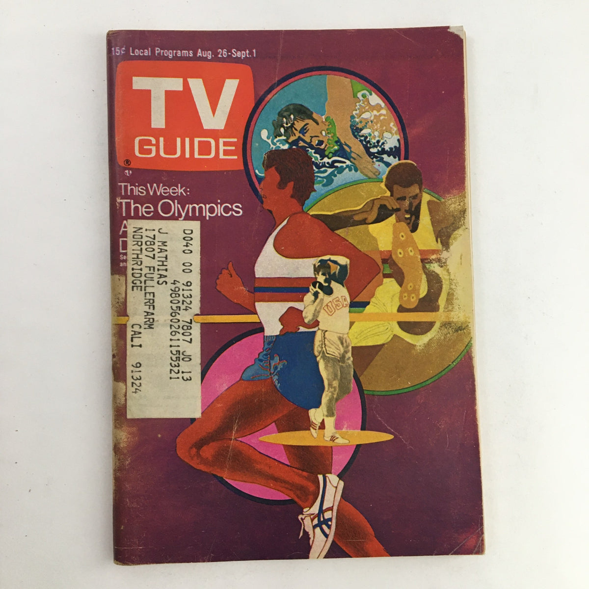 Vintage TV Guide Magazine from August 26, 1972 featuring The Olympics cover by Bob Peak, showcasing colorful illustrations of athletes participating in Olympic sports.