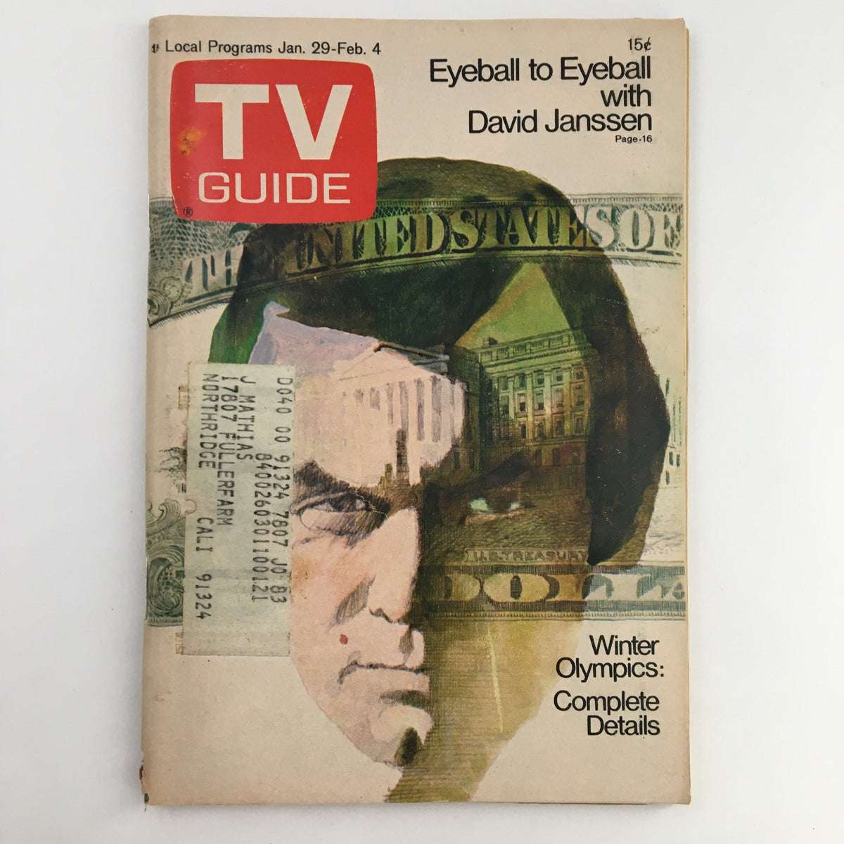TV Guide Magazine cover from January 29, 1972, featuring David Janssen in 'Eyeball to Eyeball'. The magazine showcases a vintage design with artistic elements and includes details about local programs and the Winter Olympics.