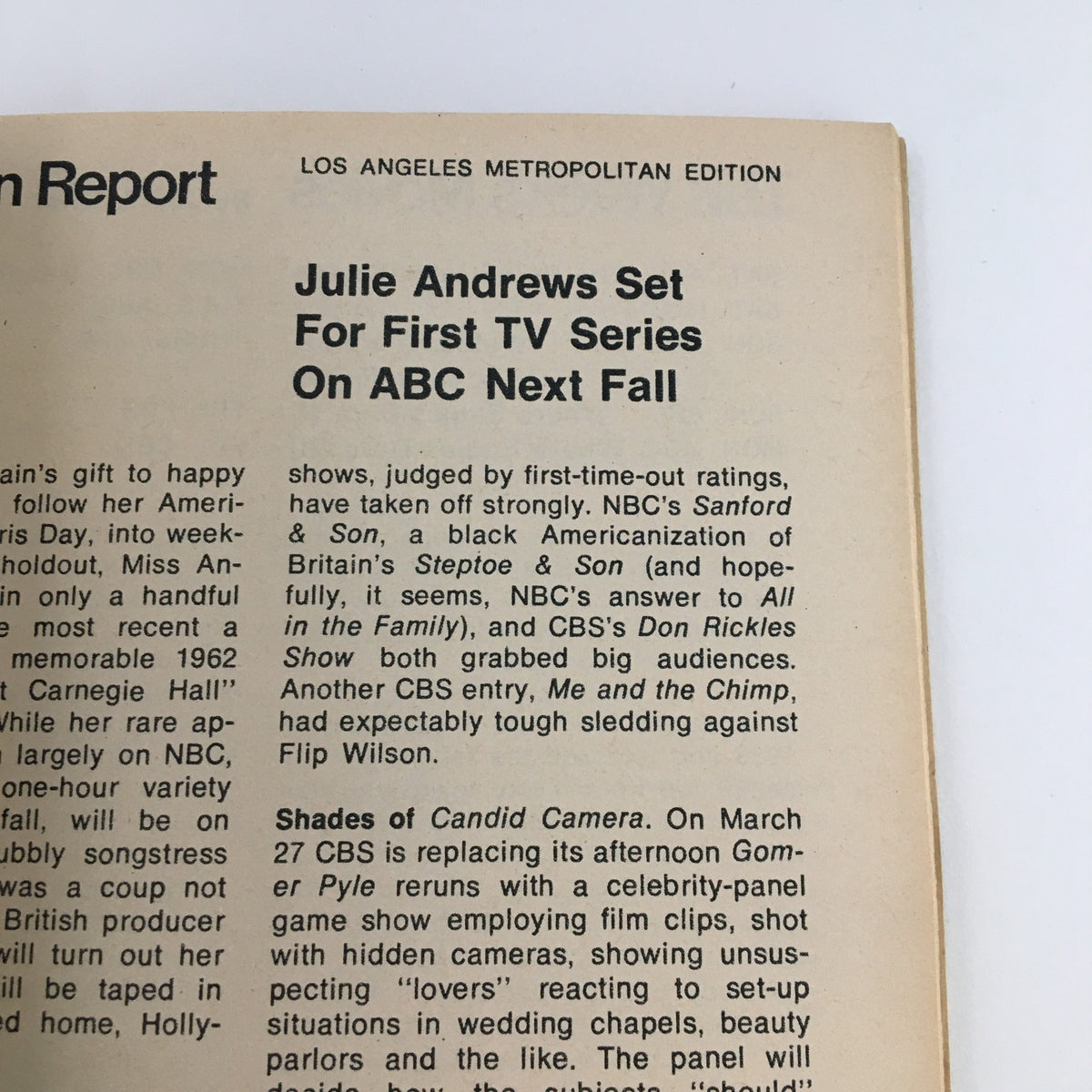 Another interior page from TV Guide Magazine January 29 1972, highlighting a report on Julie Andrews' upcoming TV series, along with other shows and ratings from that era.