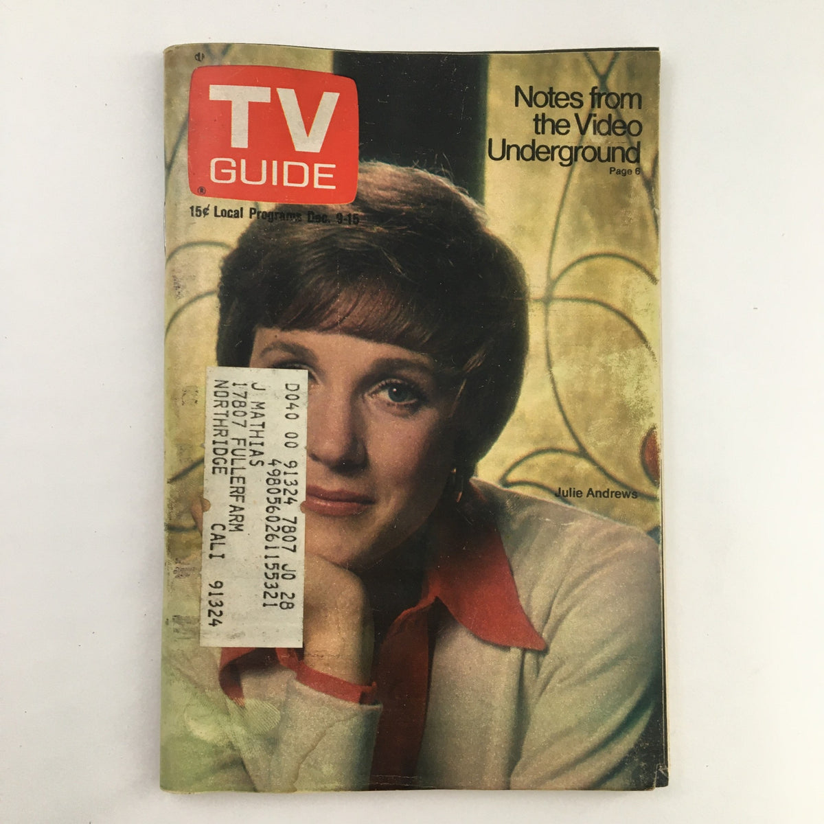 Cover of TV Guide Magazine December 9, 1972, featuring Julie Andrews and the headline 'Notes from the Video Underground.' The magazine showcases nostalgic elements of early 70s television.