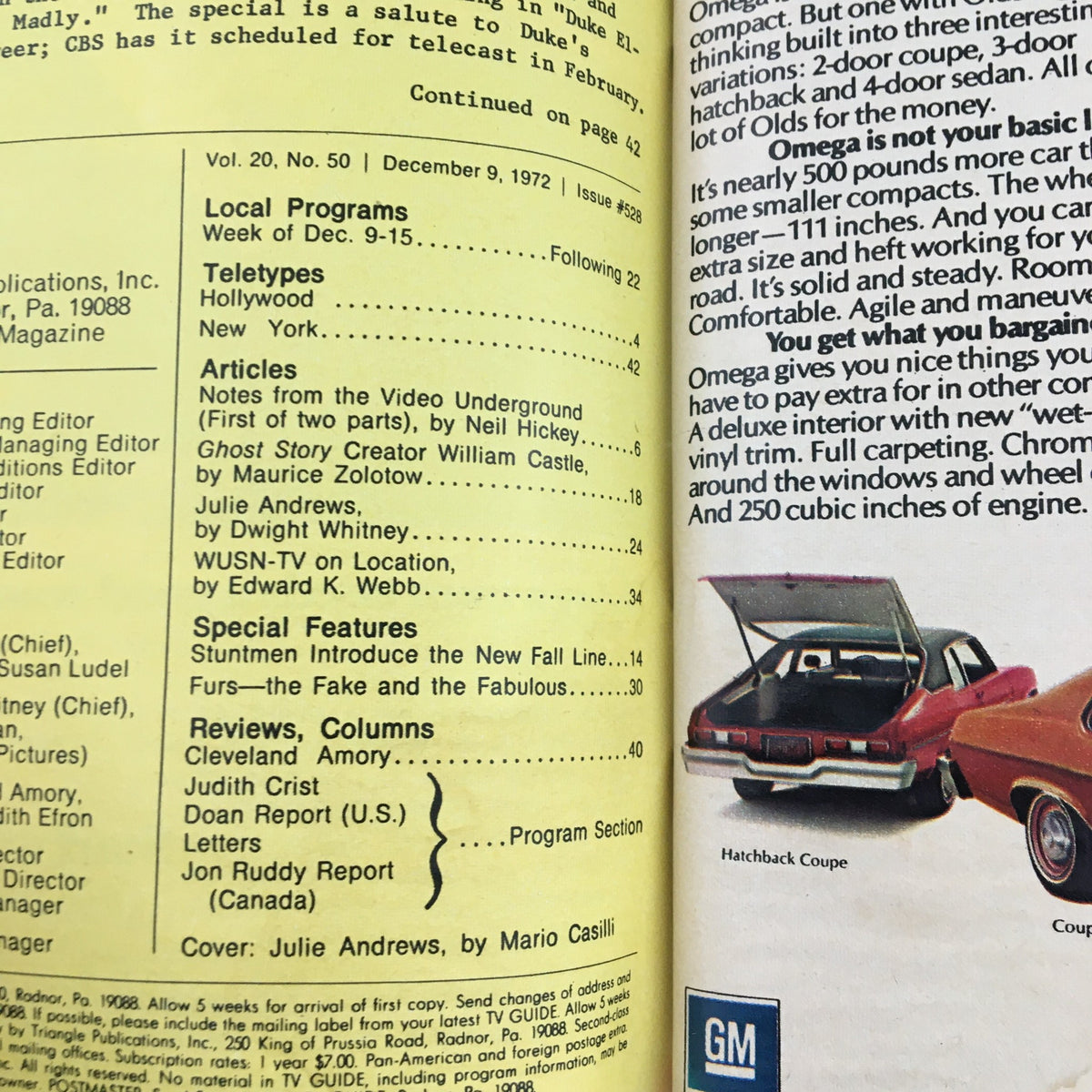 Interior page from the TV Guide Magazine December 9, 1972, displaying local programs and articles including 'Notes from the Video Underground' and coverage of Julie Andrews.