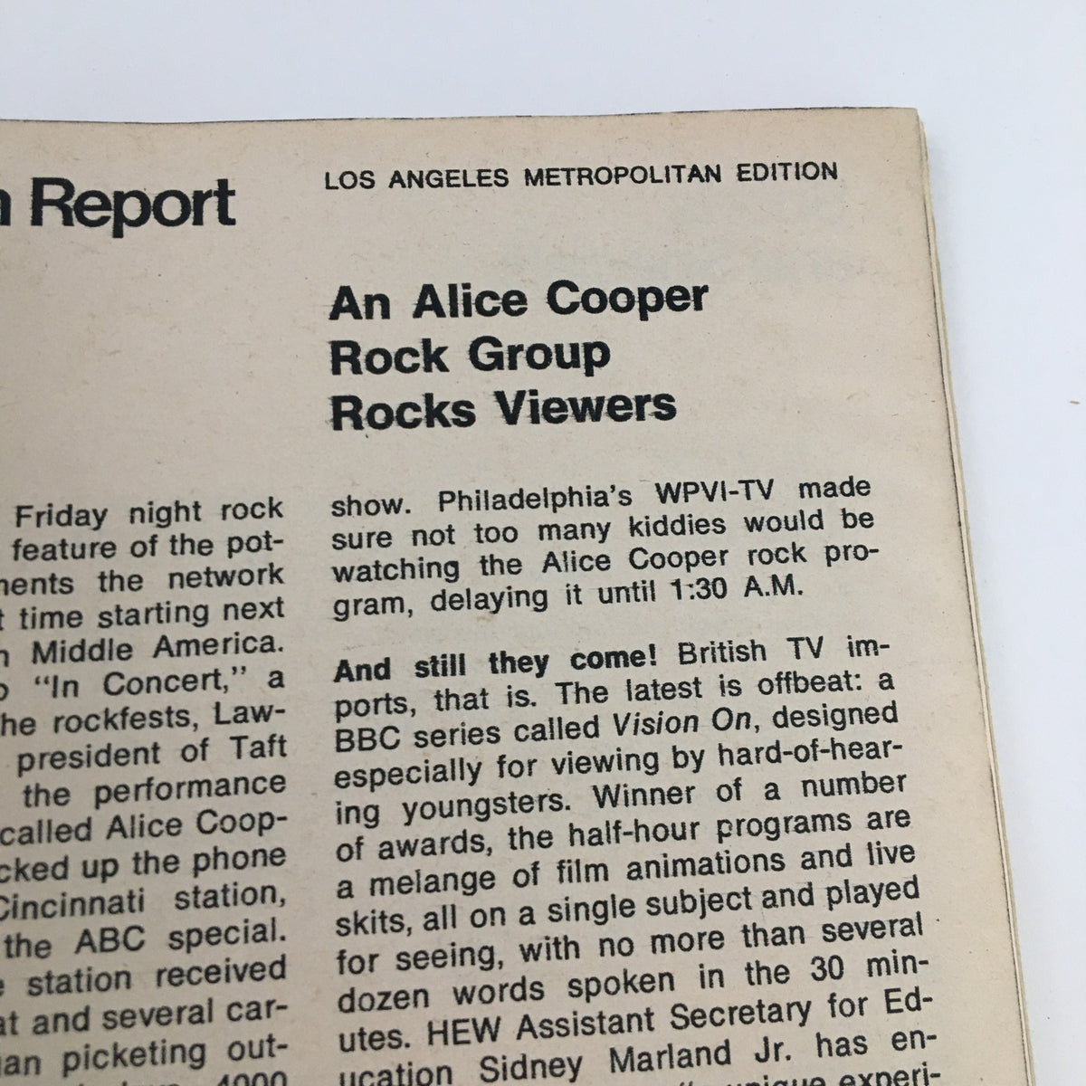 Close-up of an article titled 'An Alice Cooper Rock Group Rocks Viewers' from the TV Guide Magazine December 9, 1972. The article discusses TV rock programs and their scheduling.