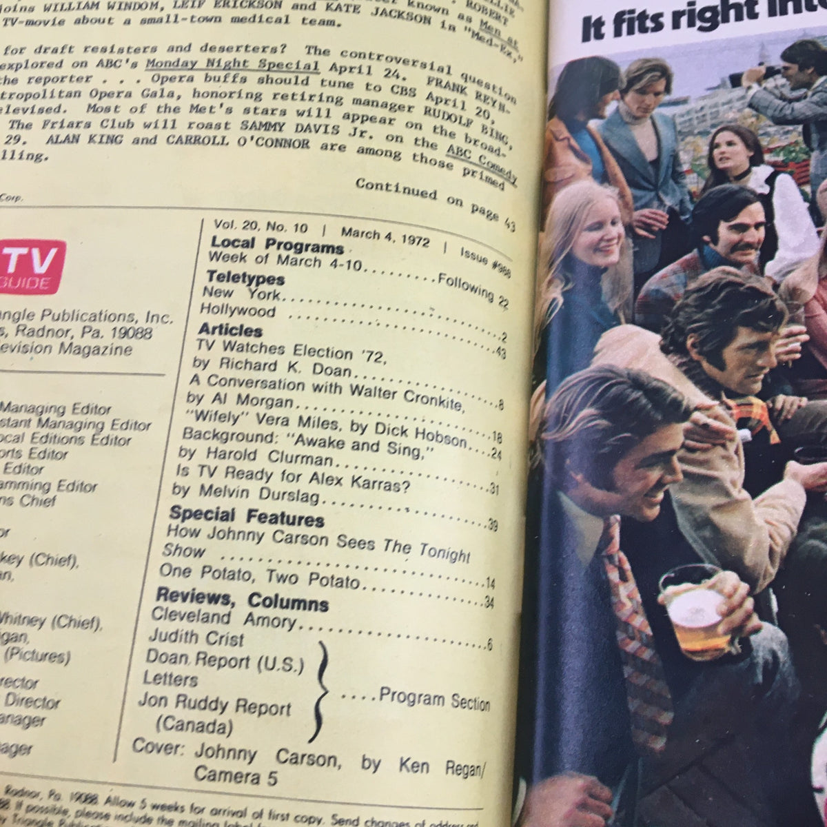 Inside view of the TV Guide Magazine from March 4, 1972, featuring Johnny Carson, showcasing the magazine's contents and articles related to television programs of the era.