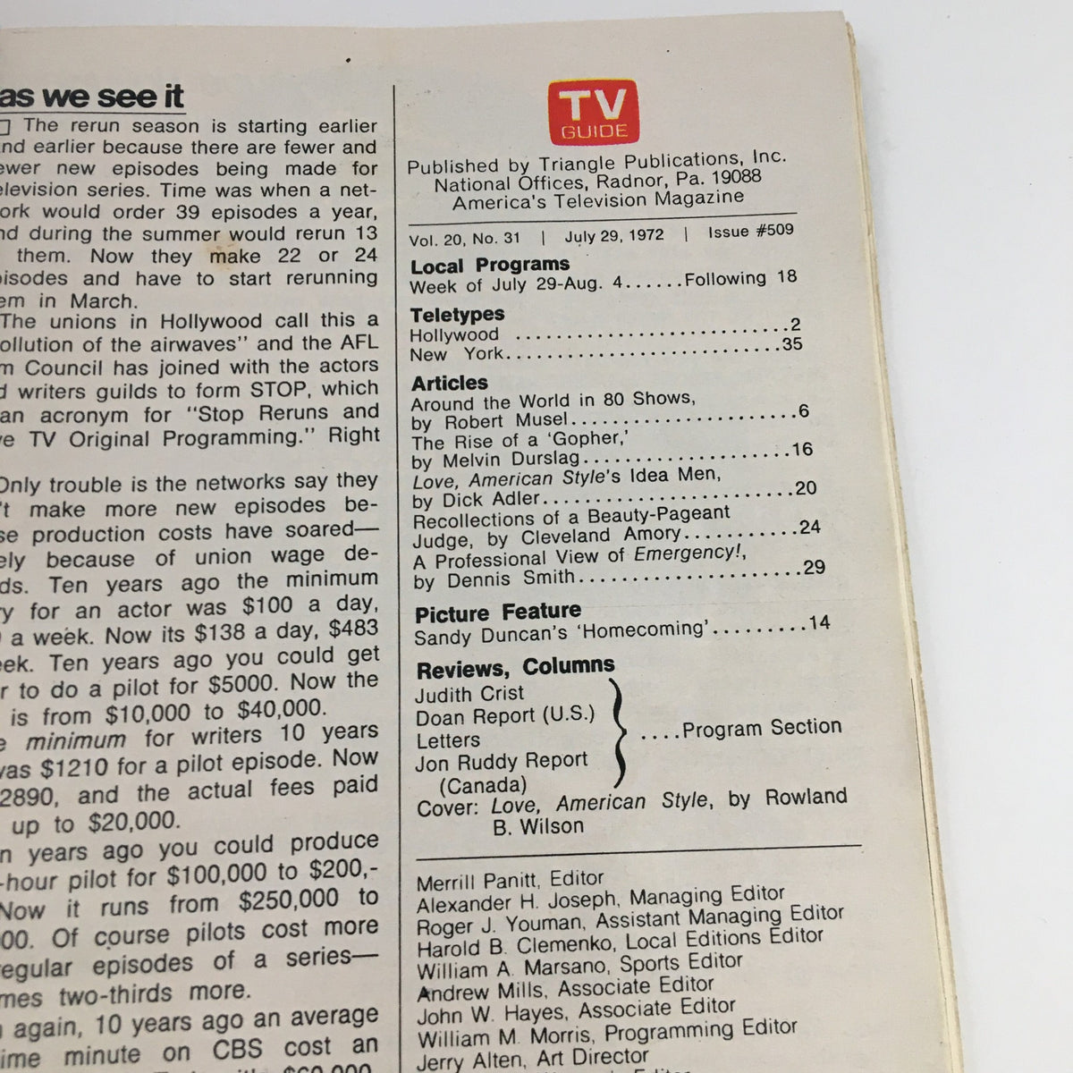 Table of contents from TV Guide Magazine July 29, 1972, highlighting articles and features, including coverage of 'Love American Style'.