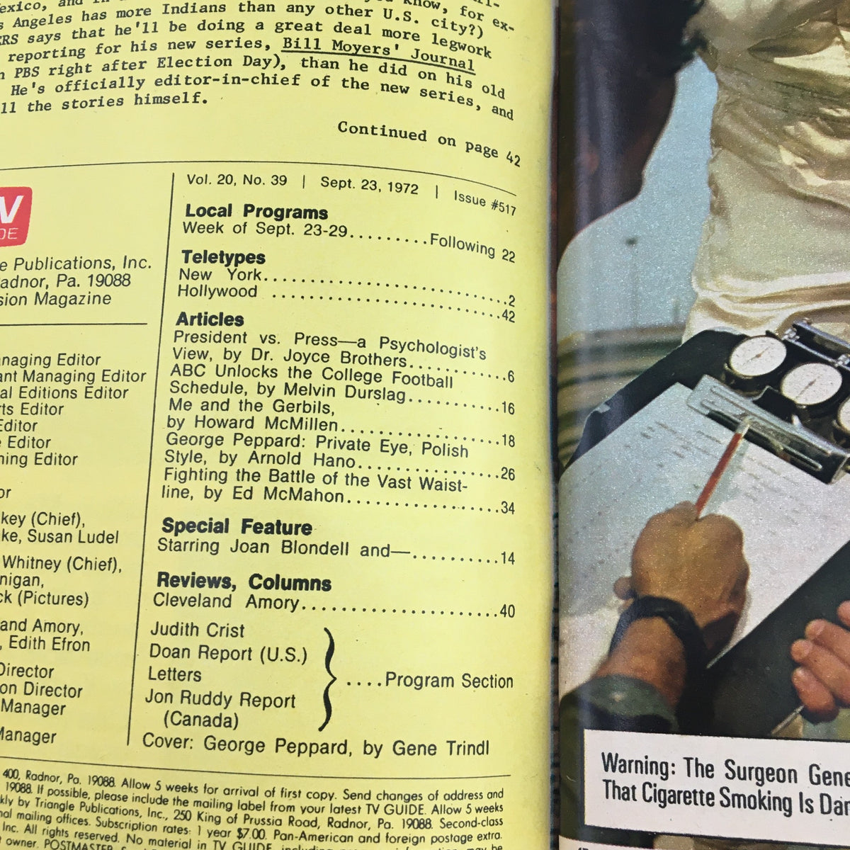 Inside page of TV Guide Magazine September 23, 1972, displaying contents including features on George Peppard of 'Banacek' and other articles.
