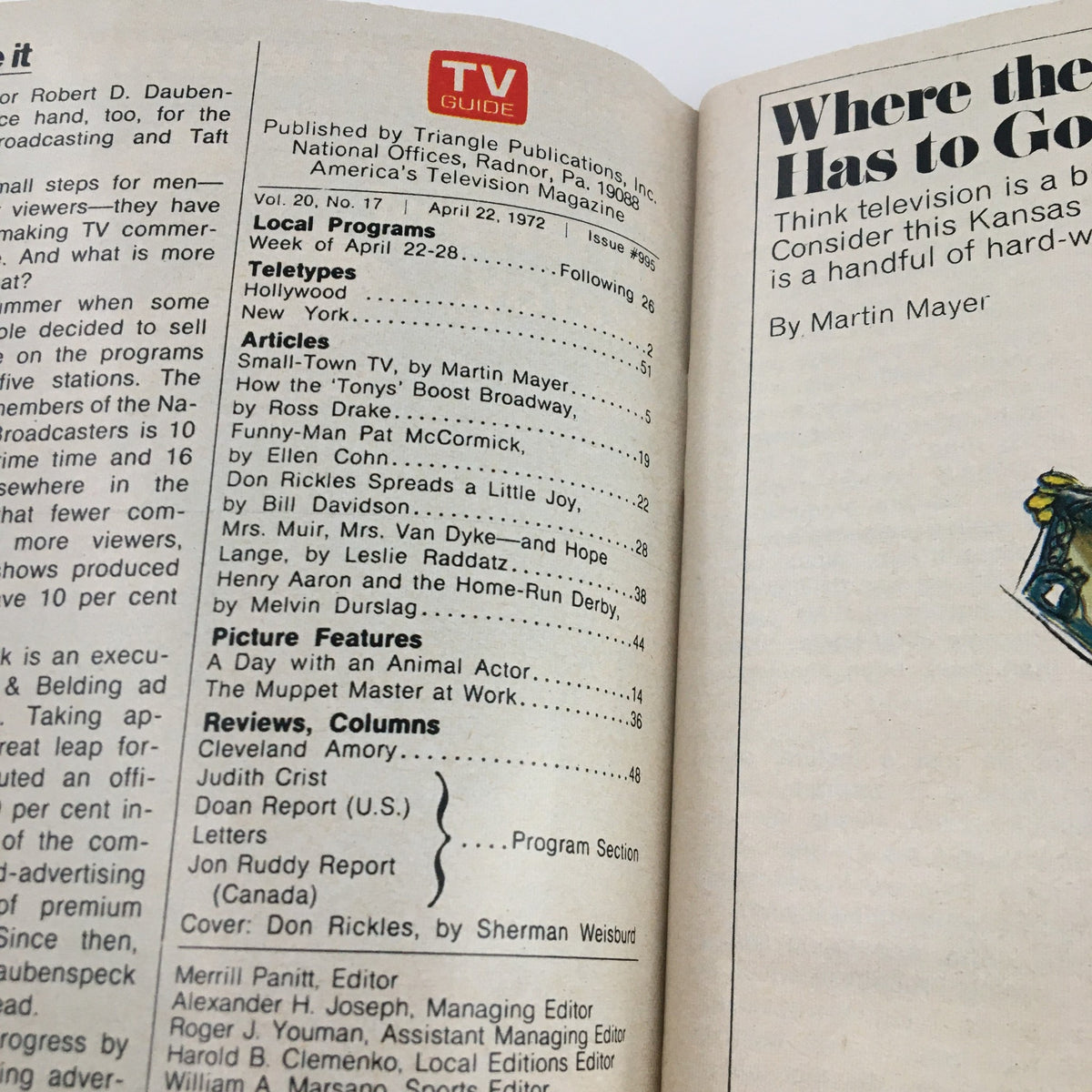 Inside page of TV Guide Magazine April 22, 1972 showcasing articles including Don Rickles and local programming.