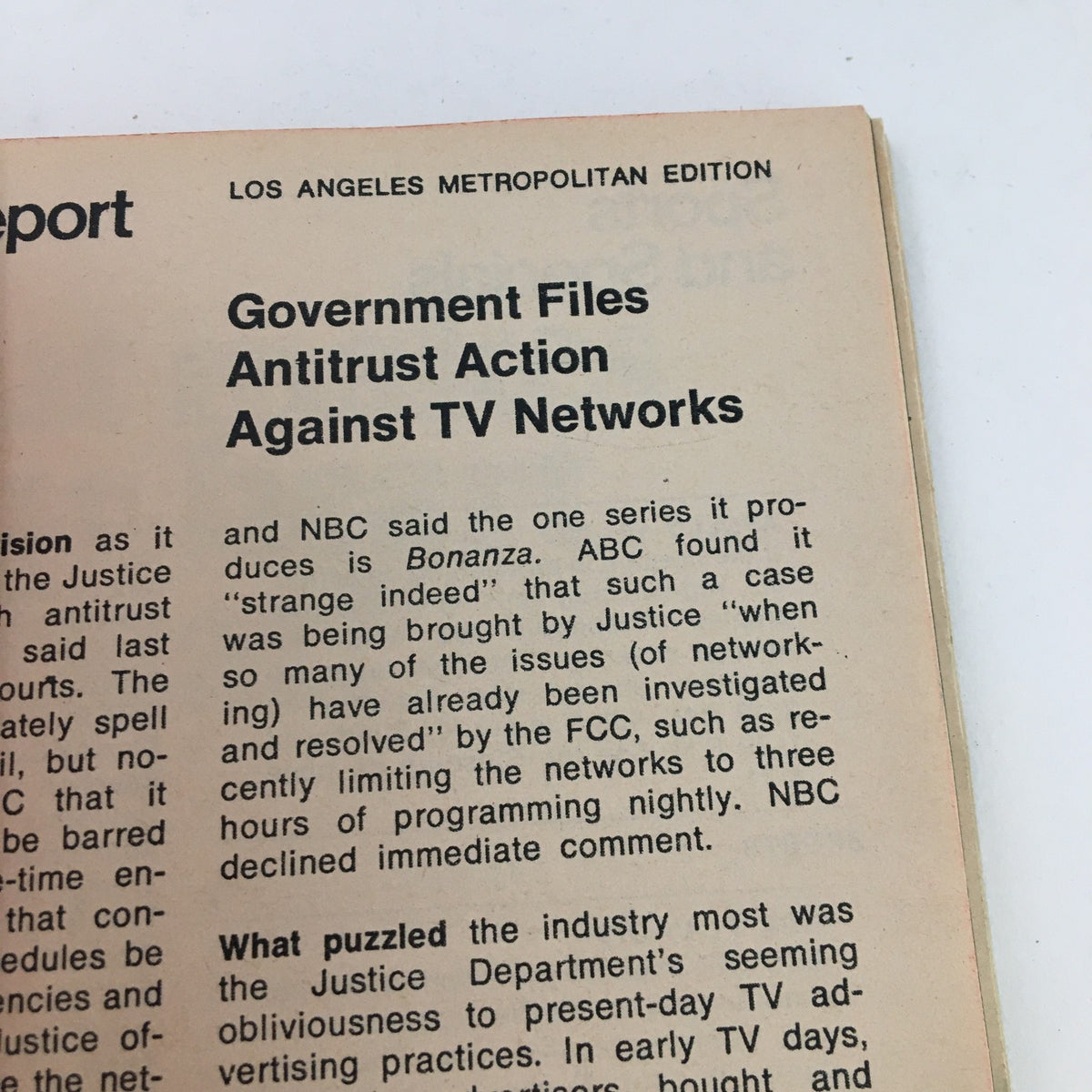 Detailed report from TV Guide Magazine April 22, 1972 discussing government antitrust action against TV networks.