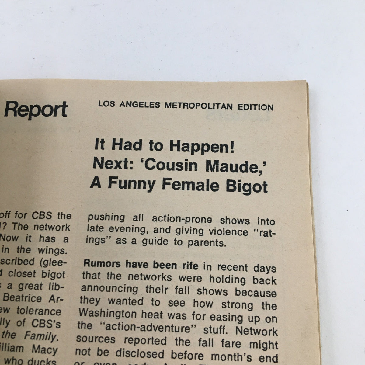 TV Guide Magazine April 1 1972 interior page discussing upcoming television shows, including 'Cousin Maude', with a focus on female representation in comedy.