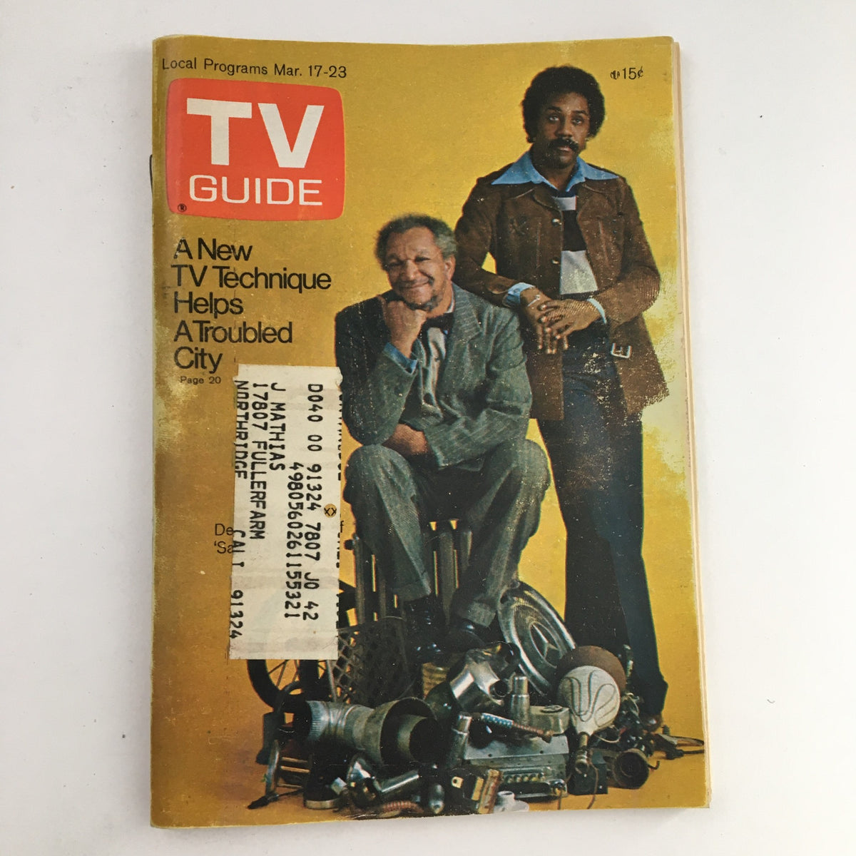 TV Guide Magazine March 17, 1973 featuring Redd Foxx and Demond Wilson on the cover, showcasing the duo in a comedic pose, capturing the essence of 1970s television.