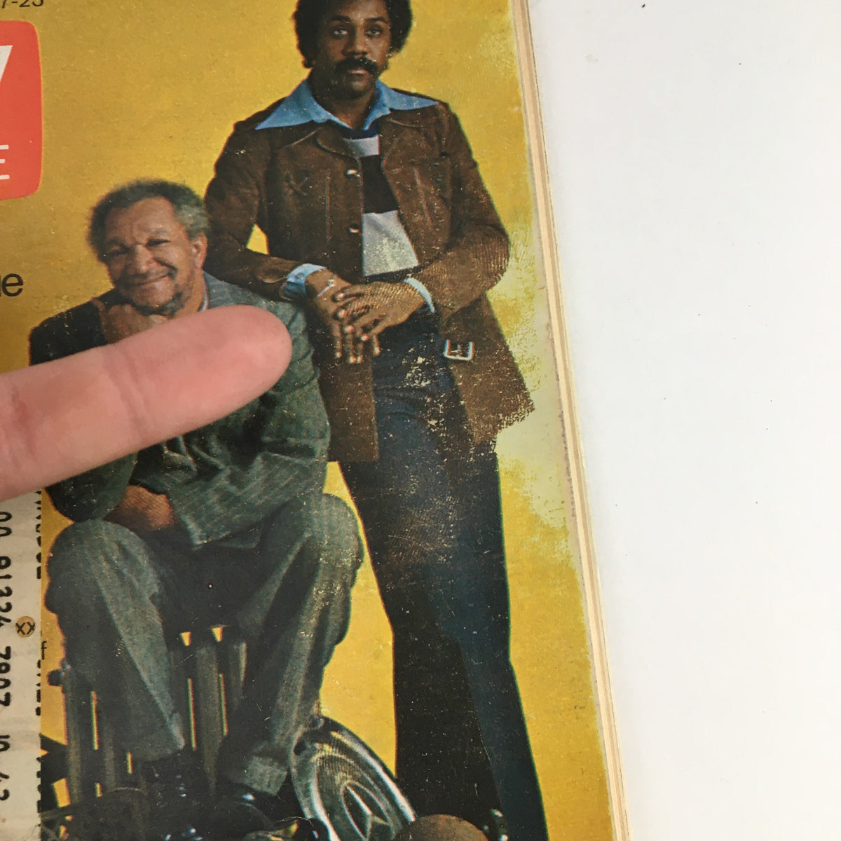 Close-up of TV Guide Magazine March 17, 1973 cover with Redd Foxx and Demond Wilson, highlighting their charismatic expressions and the magazine's retro design.