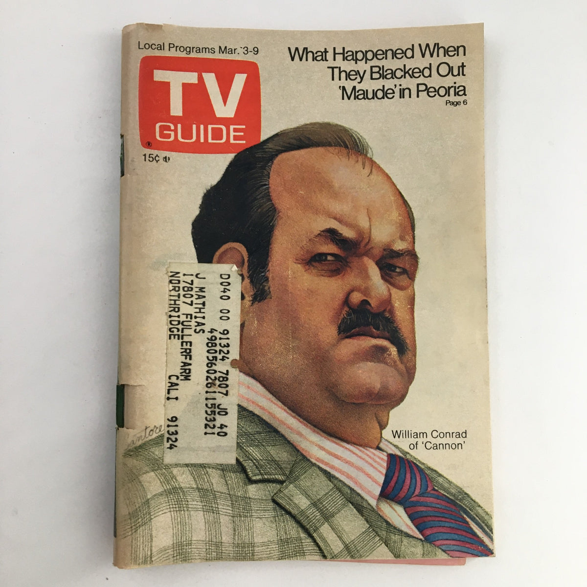 TV Guide Magazine March 3 1973 featuring William Conrad of 'Cannon' on the cover, showcasing his portrait with a nostalgic vintage design and an address label.