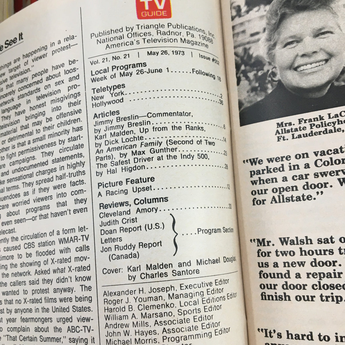 Interior page of TV Guide Magazine May 26, 1973 displaying articles and listings, reflecting popular culture of the 1970s.
