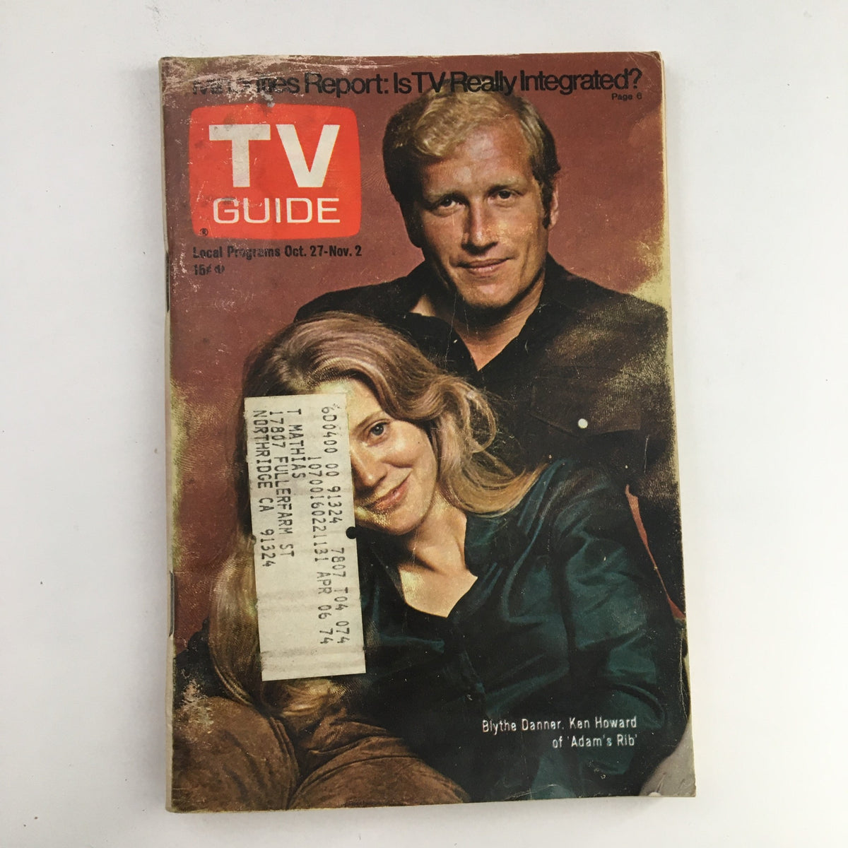 Cover of TV Guide Magazine from October 27, 1973 featuring Blythe Danner and Ken Howard, showcasing vintage television themes.