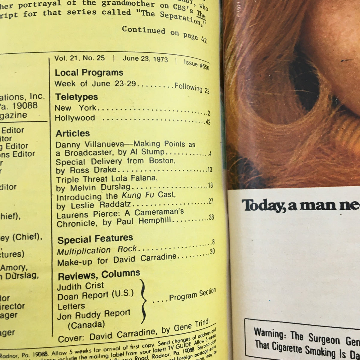 Interior page of TV Guide Magazine June 23 1973 featuring contents and articles including a special feature on David Carradine, marking the magazine's historic television content.