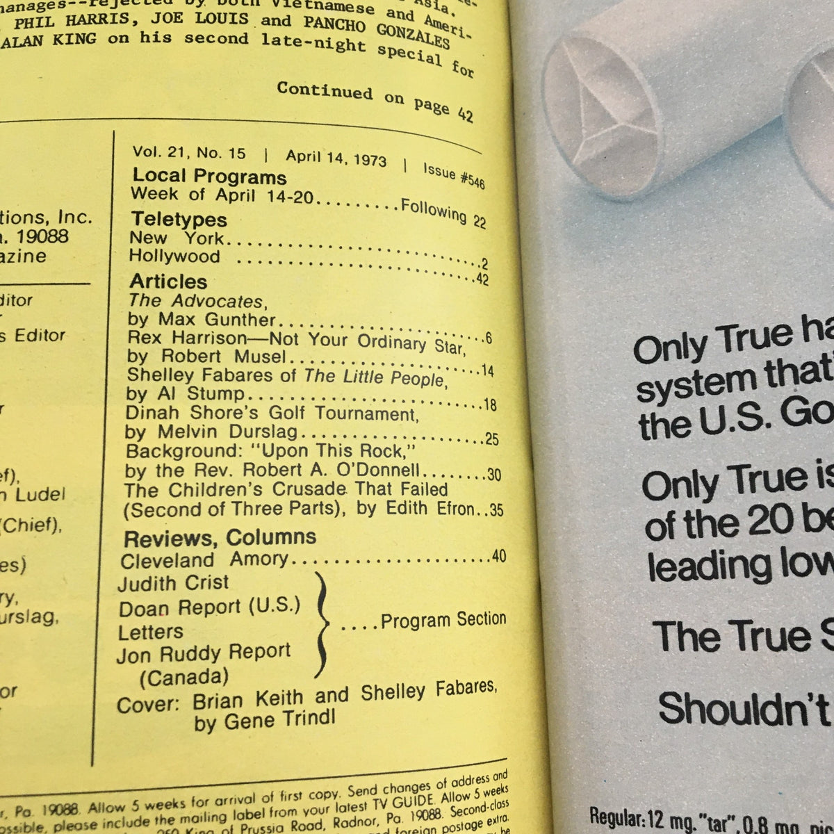Interior page of TV Guide Magazine April 14 1973 showing program listings and articles including 'The Advocates' and Shelley Fabares' feature, reflecting the television landscape of the era.